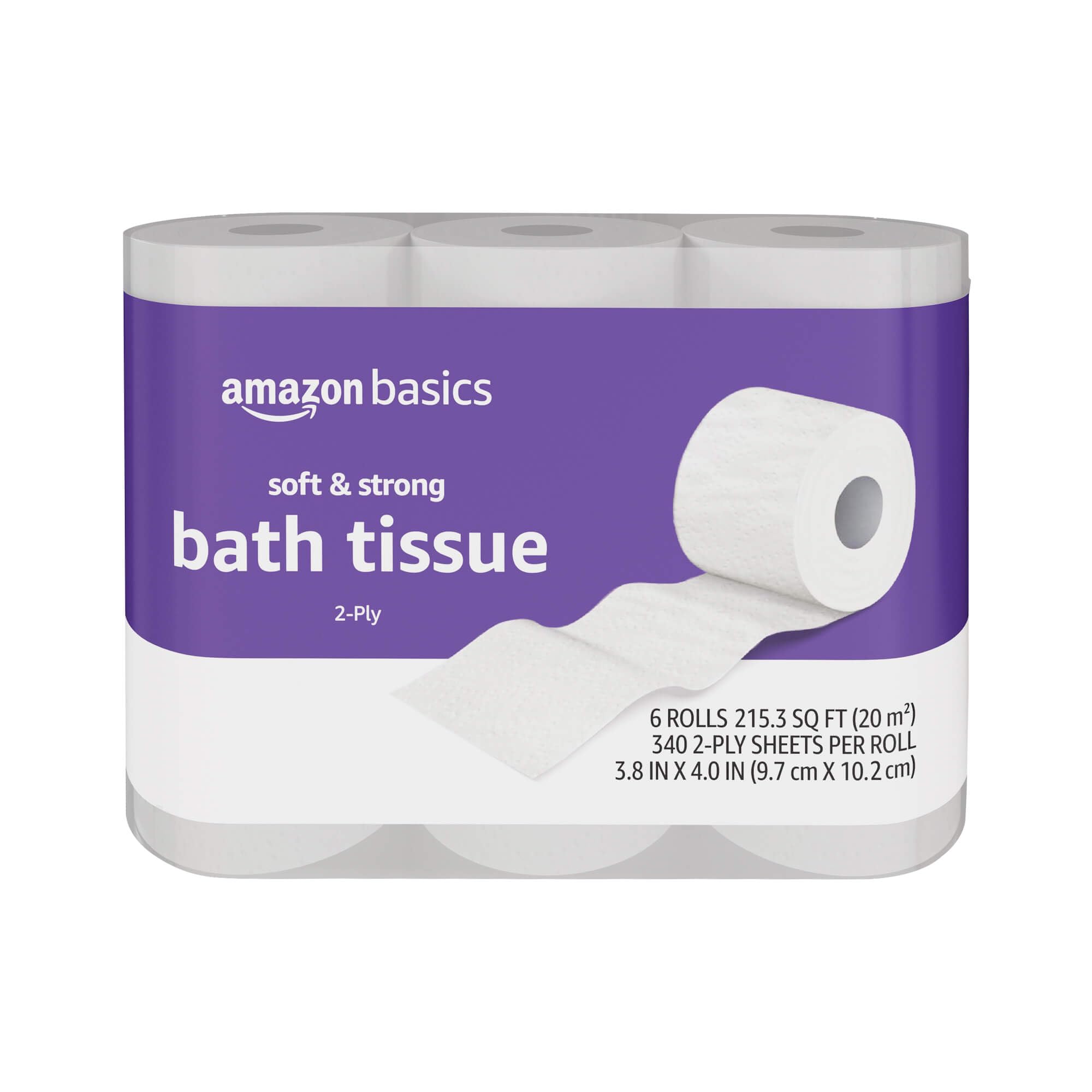 Amazon Basics Weiches und starkes 2-lagiges Toilettenpapier, 6 Ultra-Rollen = 24 Standard-Rollen, unparfümiert, 340 Blatt (6 Rollen)