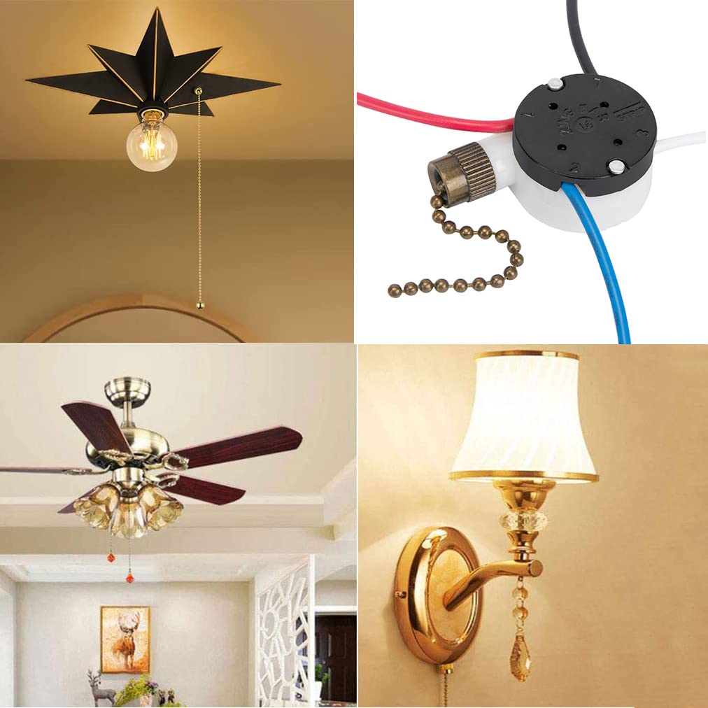 Ceiling Fan Switch Zing Ear ZE-208s E89885 3 Speed 4 Wire Pull Chain Switch Fan Light Switch Replacement Part with 4 Pre-Installed Wires(Bronze Chain)