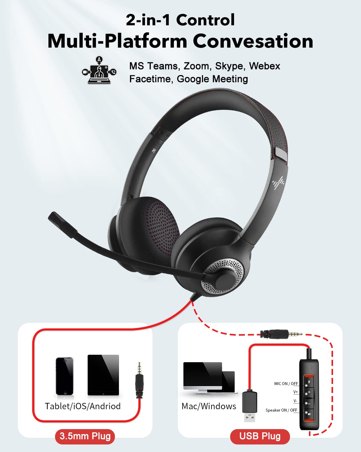 JIAMQISHI USB Headset with Microphone for PC, On-Ear Computer Laptop Headphones with Noise Cancelling Microphone in-line Control for Home Office Online Class Skype Zoom (USB+3.5mm, Black)