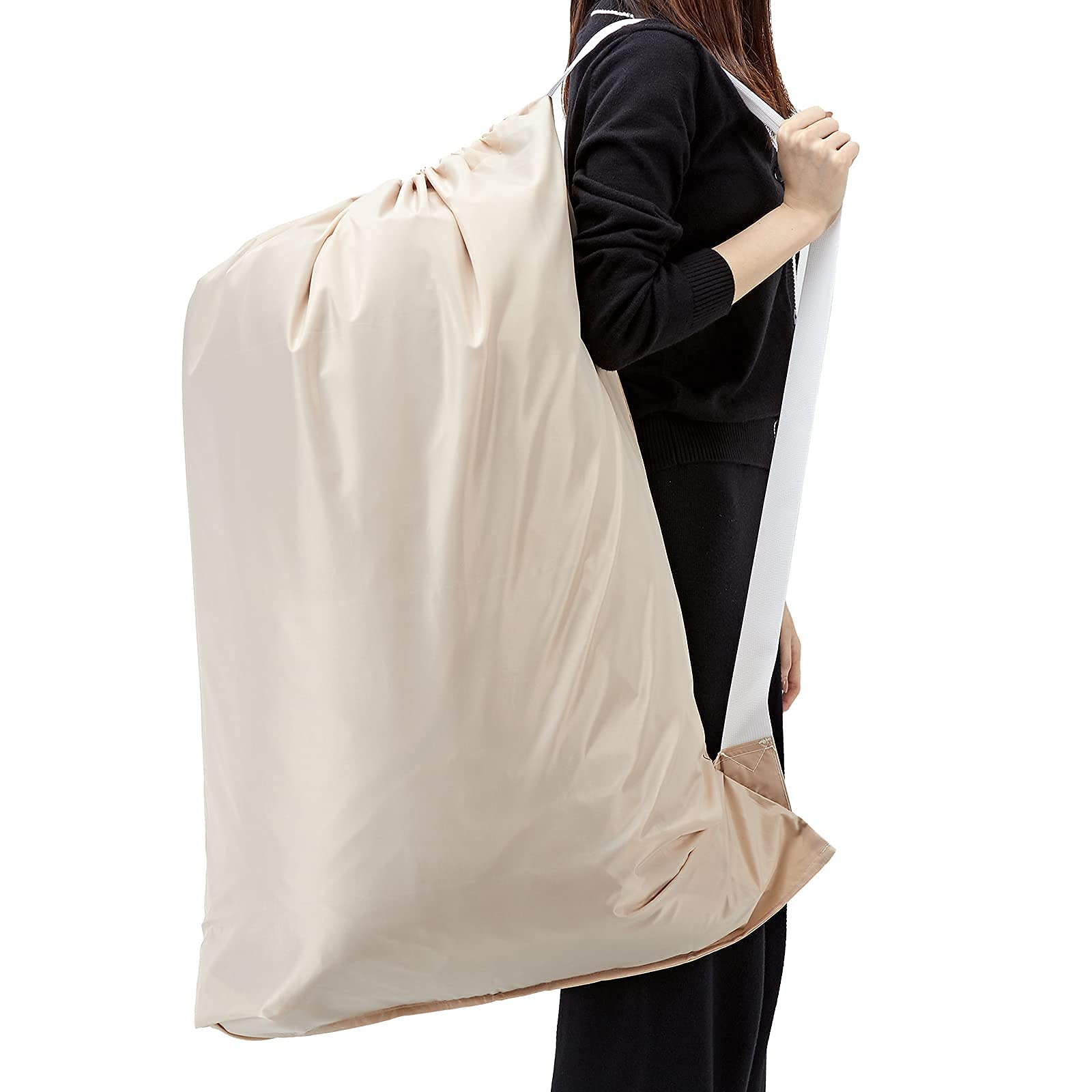 HOMEST XL Nylon Laundry Bag with Strap, Large Dirty Garments Organizer, Easy Fit a Hamper or Clothing Basket, Can Carry Up to 4 Loads of Clothes, Beige