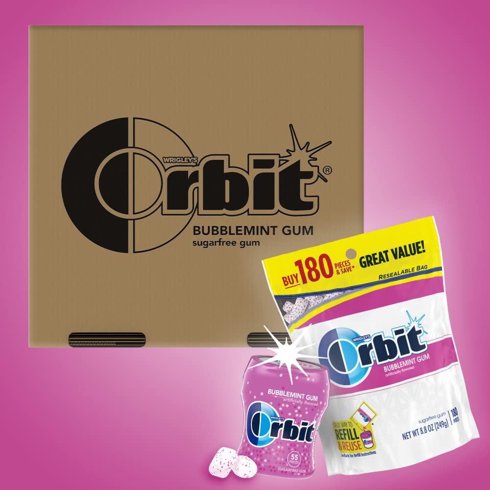 ORBIT Bubblemint Sugar-Free Chewing Gum Bulk Pack, 2 Bags - 180 Pieces & 2 Bottles - 55 Pieces Bubble Gum