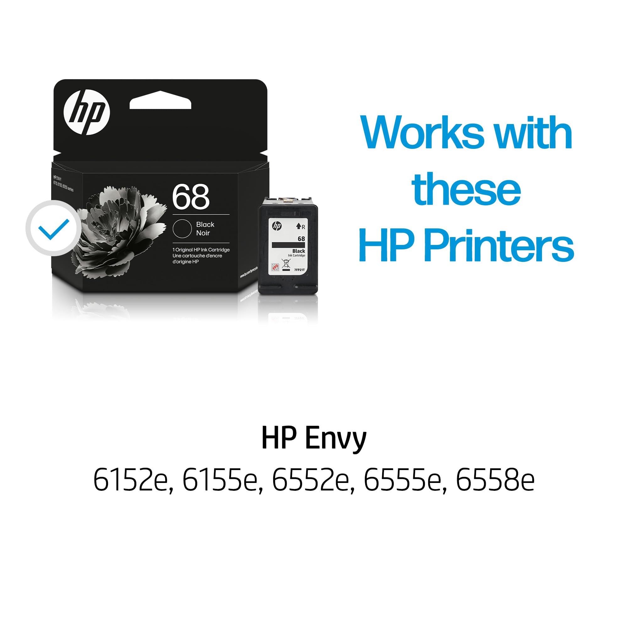 HP 68 Black Ink Cartridge | Works Envy 6100e, 6500e Series | Eligible for Instant Ink | 7FP21TN