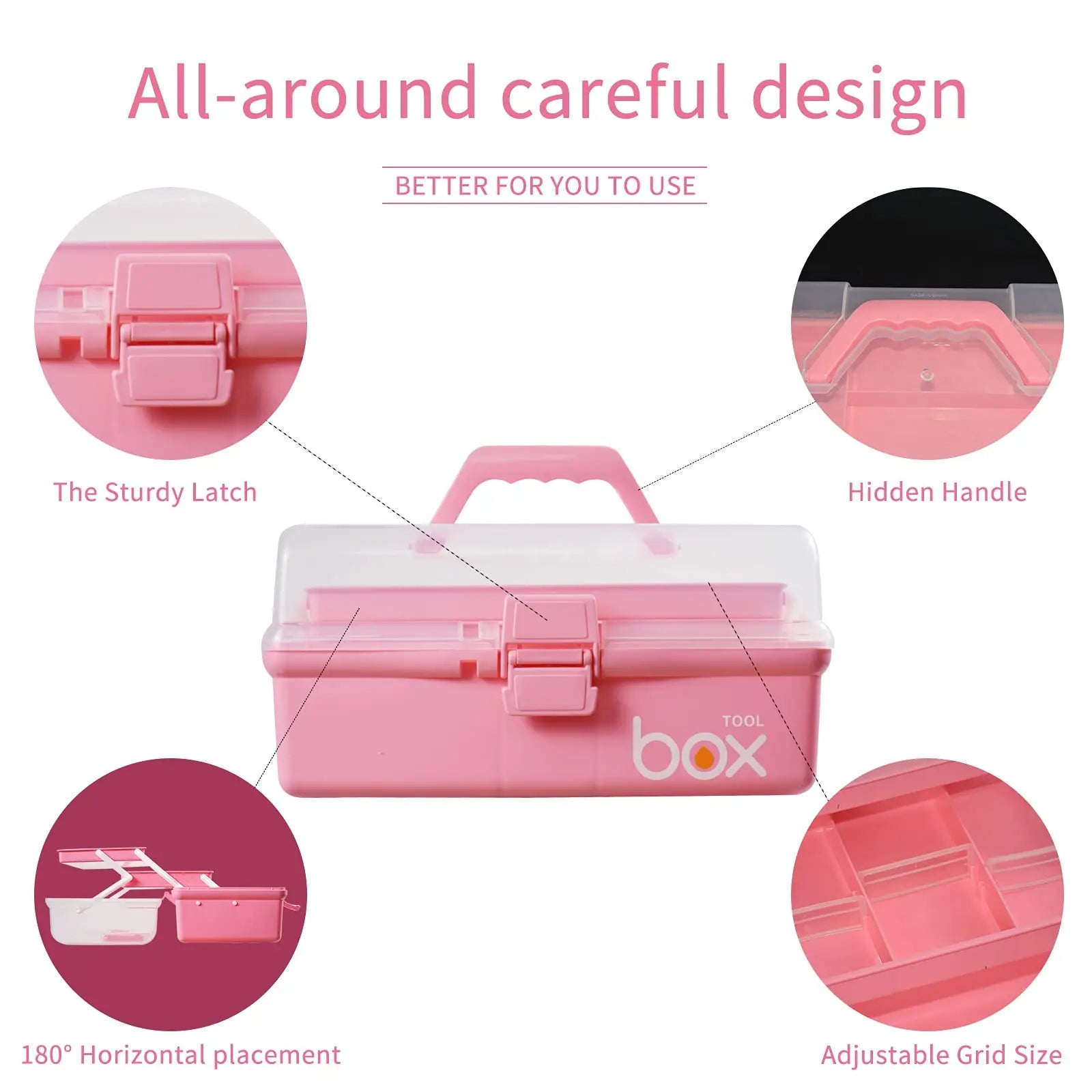 TERGOO 12in Three-Layer Multipurpose Storage Box Organizer Folding Tool Box/Art & Crafts Case/Sewing Supplies Organizer/Family First Aid organizer/Medicine Storage with 2 Trays (Pink)