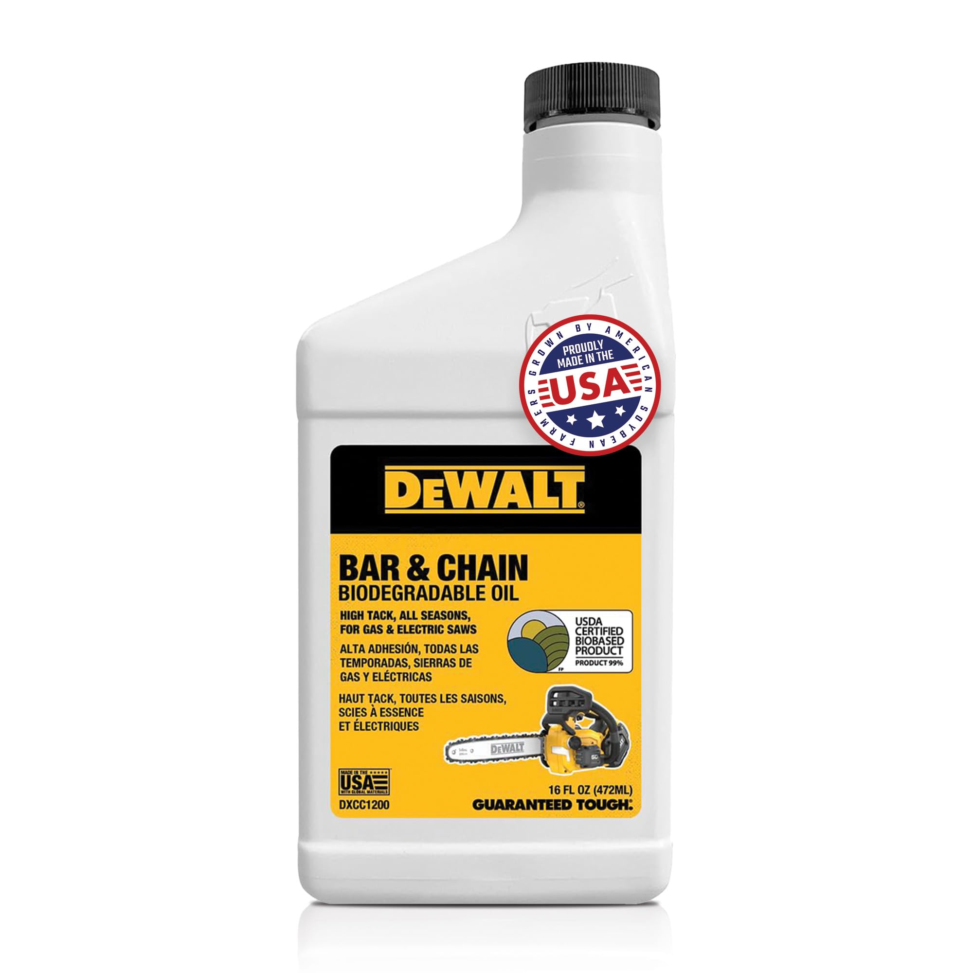 DEWALT – Biologisches Sägekettenöl – Grün, umweltfreundlich, ungiftig, professionelles Ketten- und Sägekettenschmiermittel – Ultracleanes Ganzjahresöl für Benzin-, Elektro- und Hochentaster, 473 ml