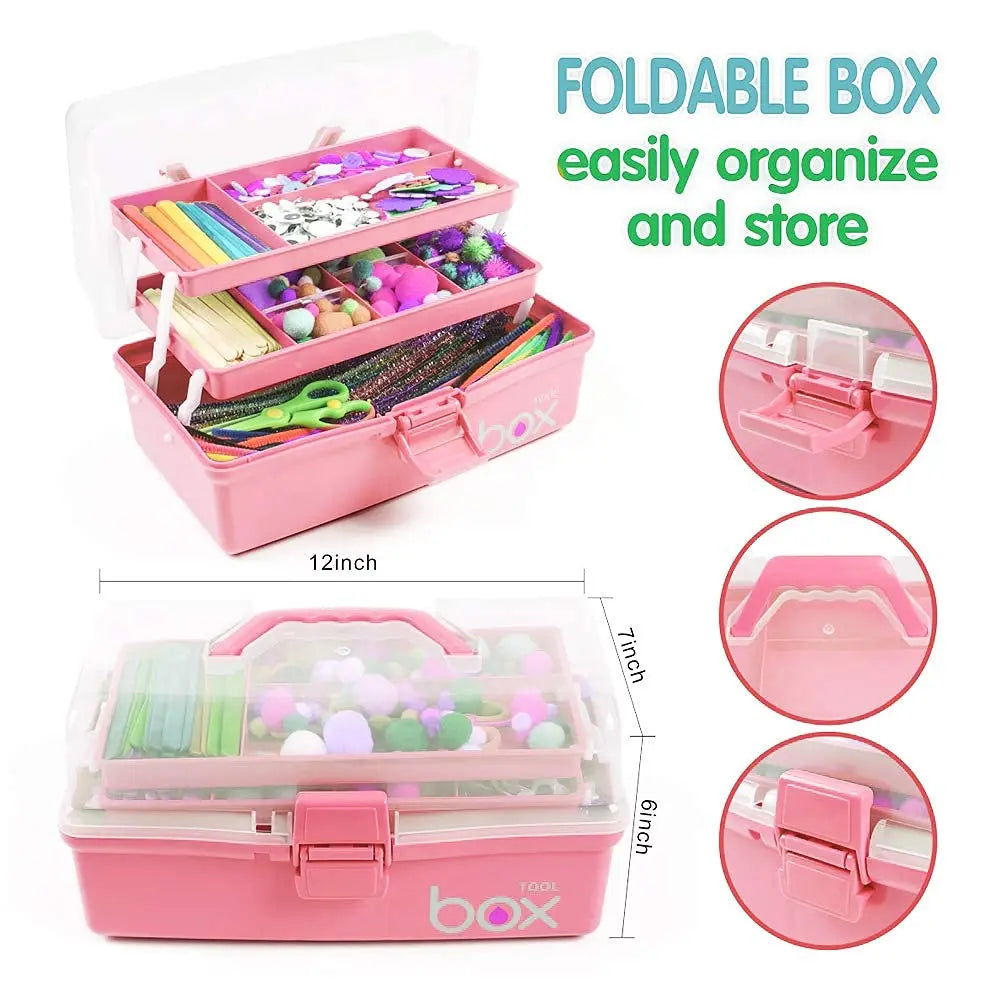 TERGOO 12in Three-Layer Multipurpose Storage Box Organizer Folding Tool Box/Art & Crafts Case/Sewing Supplies Organizer/Family First Aid organizer/Medicine Storage with 2 Trays (Pink)