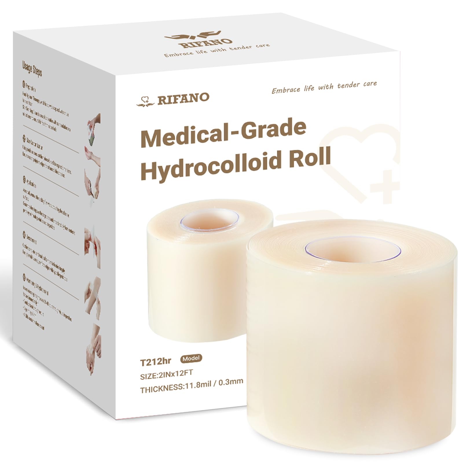 RIFANO Medical Hydrocolloid Tape Roll, Cut-to-Size, 2in*12ft, 11.8mil/ 0.3mm Thickness, Extra Large Hydrocolloid Patch Bandages with Self-Adhesive, Ultra Absorbent, Flexible & Waterproof