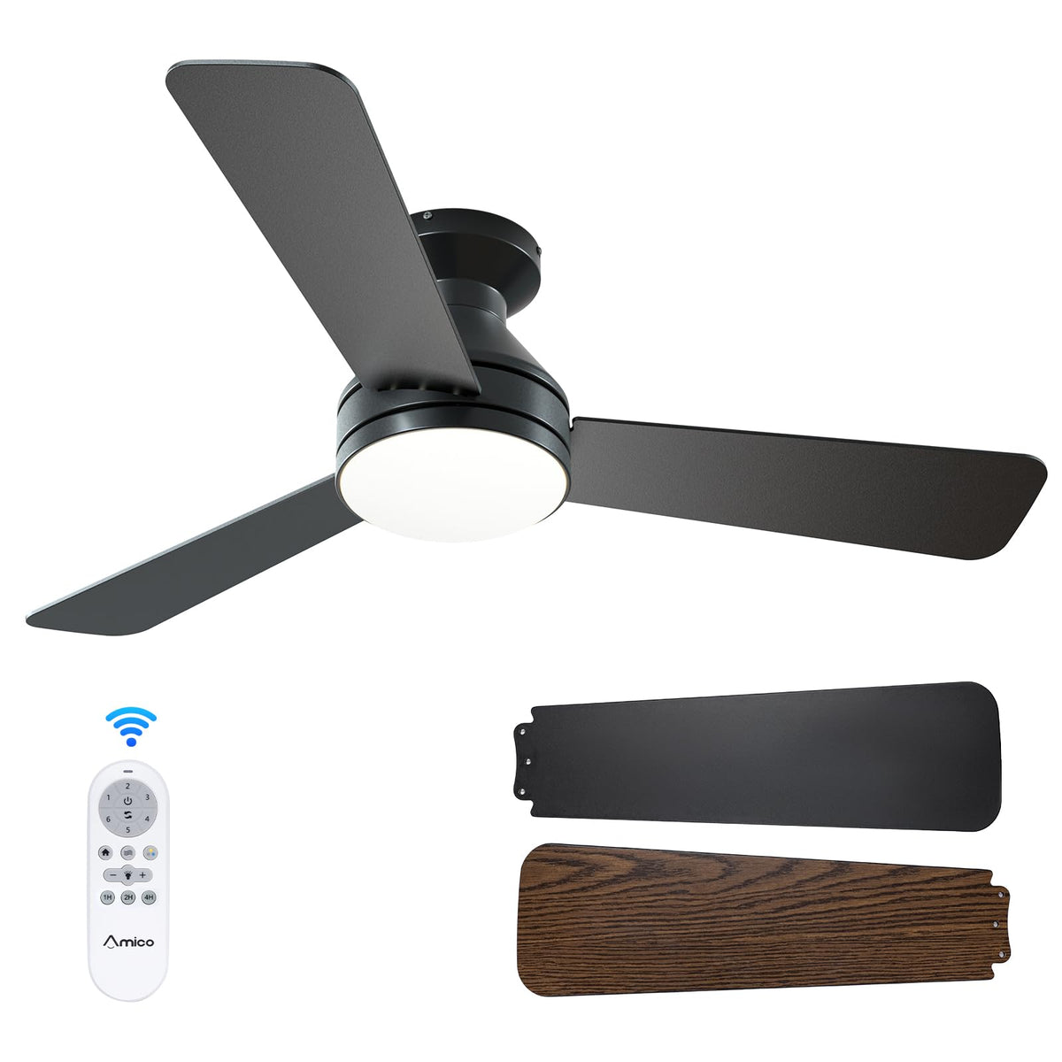Amico Deckenventilatoren mit Beleuchtung, 42 Zoll flacher Deckenventilator mit Licht und Fernbedienung, flächenbündige Montage, umkehrbar, 3CCT, dimmbar, geräuschlos, schwarzer Deckenventilator für Schlafzimmer, Innen-/Außenbereich