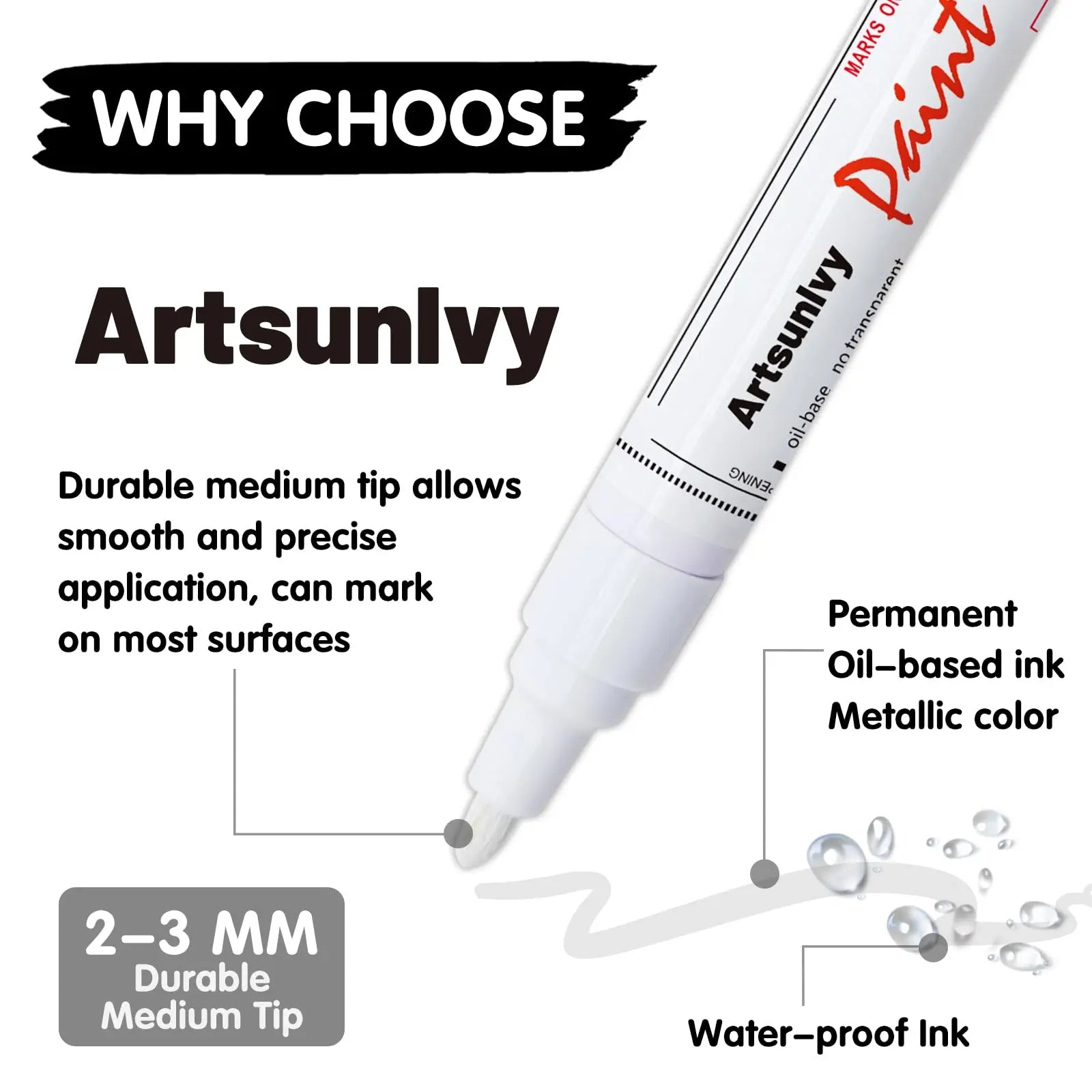 Artsunlvy White Paint Pens marking pens Permanent Markers - 2 Pack Oil Based Waterproof Markers for Tire, Rubber,Wood, Rocks, Metal, Canvas,Plastic, Dark Surface,Craft office Supplies,Medium Point