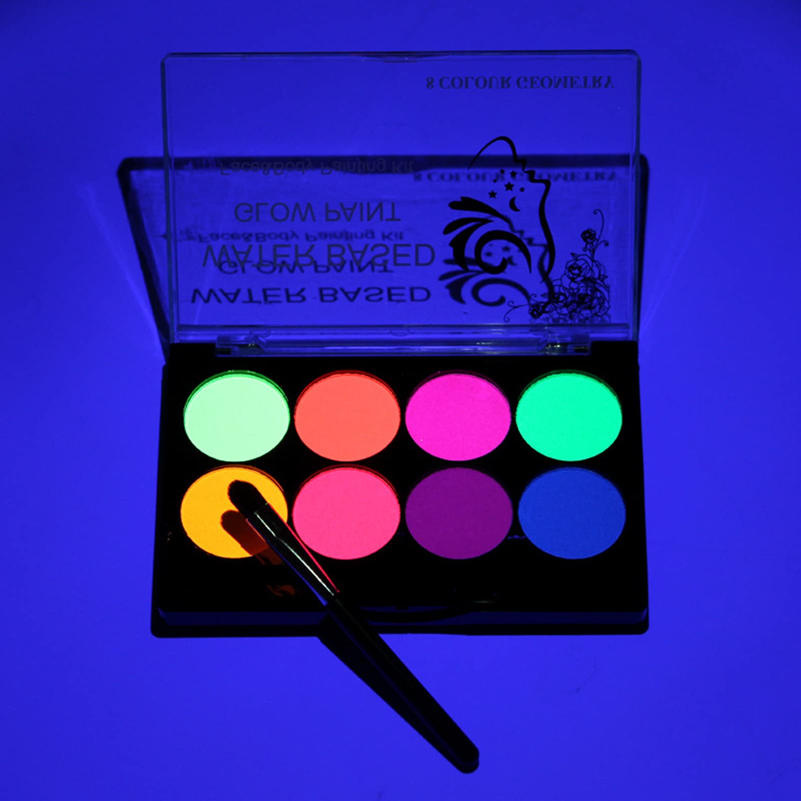 MEICOLY Neon Face Paint,UV Blacklight Glow Face Paint,8 Bright Colors Neon Fluorescent Rave Body Paint Palette,Water Activated Eyeliner,Water Based Glow In The Dark Halloween Washable for Kids Adults