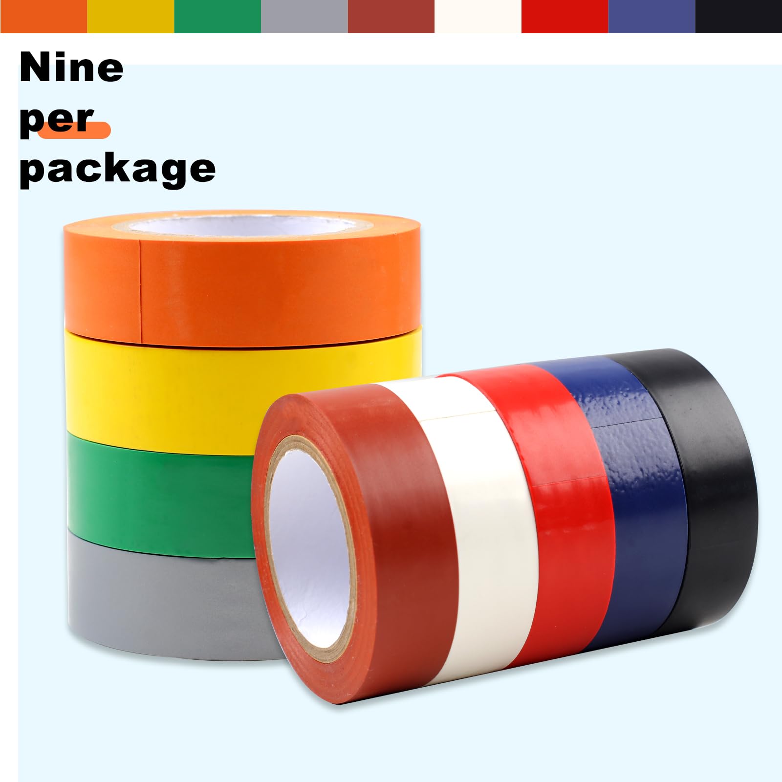 Romeda 9 Pack Coloured Electrical Tape, Electrical Tape Colours Water, Sun, and Oil Resistant, Electrical Tape is Suitable for Most Domestic, Commercial, and Industrial environments.