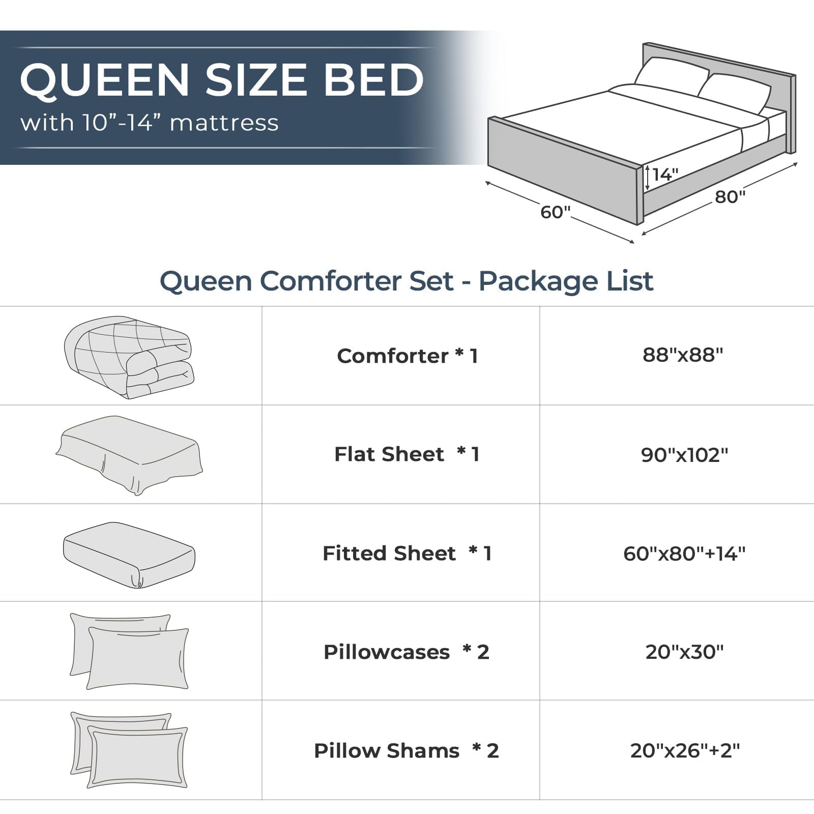 HEVUMYI 7 Pieces Queen Comforter Set, All Season Reversible Bed in a Bag Queen, Ultra Soft Queen Bedding Set with Grey Comforter, Flat Sheet, Fitted Sheet, Pillowcases, Pillow Shams, Dark Grey