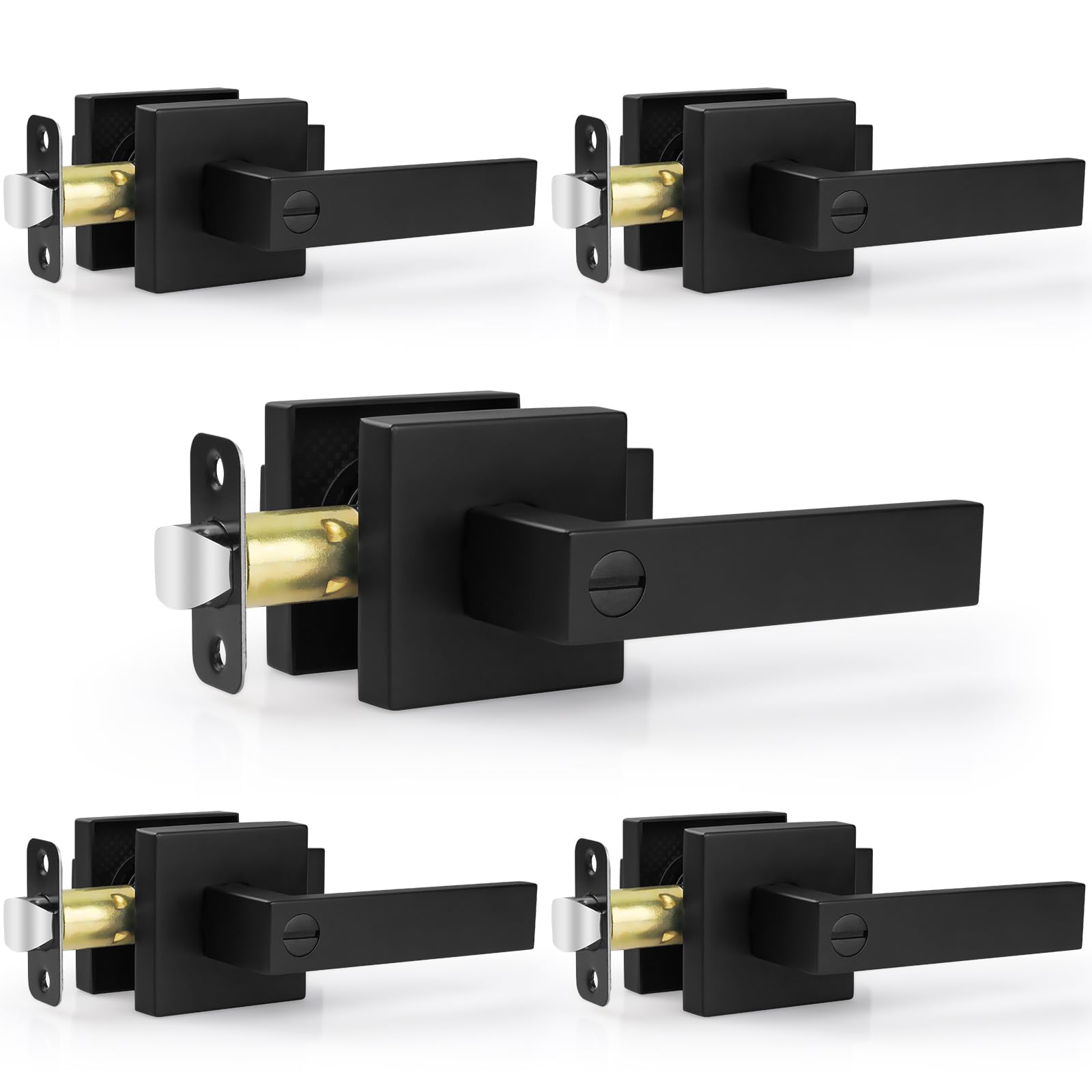 Estmoon 5 Pack Matte Black Door Handles Interior Door Knobs, Home Improvement Keyless Privacy Door Lock, Heavy Duty Zinc Alloy 2.07 lb Door Leverset for Bedrooms Bathrooms