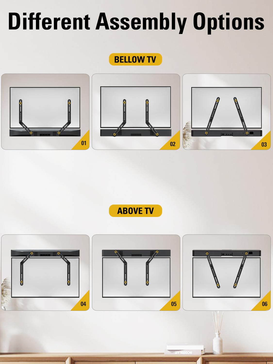 Mounting Dream Soundbar Mount Bracket for Mounting Above or Under TV Fits Most of Sound Bars Up to 15 Lbs, with Detachable Long Extension Plates MD5420