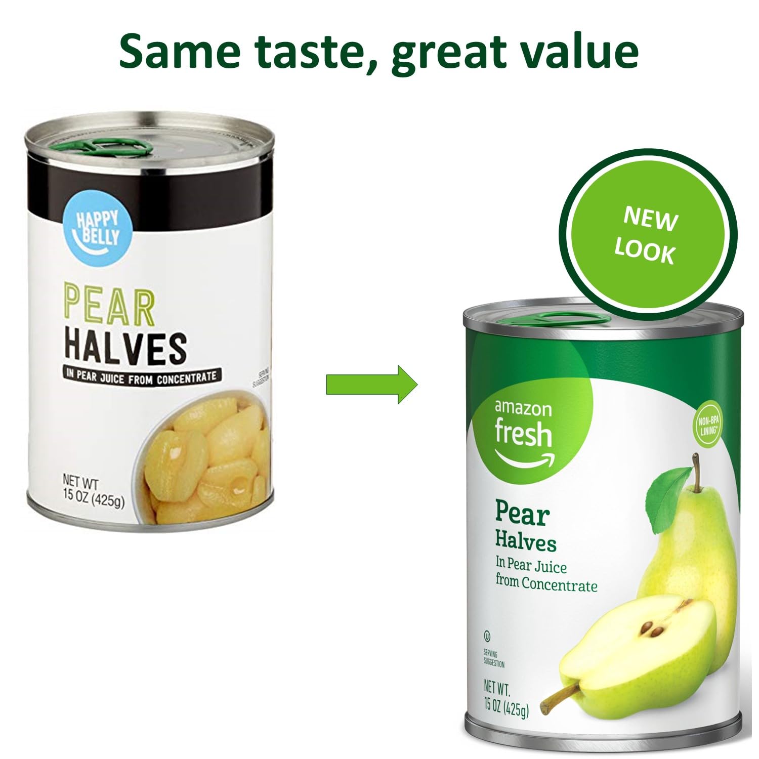 Amazon Fresh Brand, Canned Pear Halves in Pear Juice from Concentrate, 15 Oz (Previously Happy Belly, Packaging May Vary)