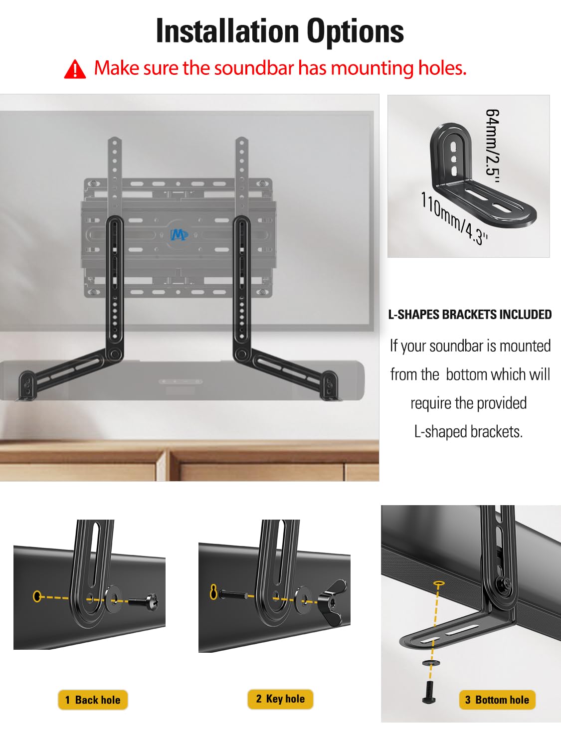 Mounting Dream Soundbar Mount Bracket for Mounting Above or Under TV Fits Most of Sound Bars Up to 15 Lbs, with Detachable Long Extension Plates MD5420