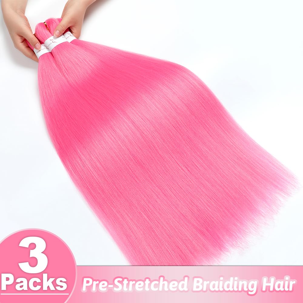 Pre stretched Braiding Hair 32 Inch Pink Braiding Hair Extensions Yaki Braids Hair Hot Water Setting Synthetic Hair Colored Braiding Hair Crochet Hair(3 Packs,Pink#)