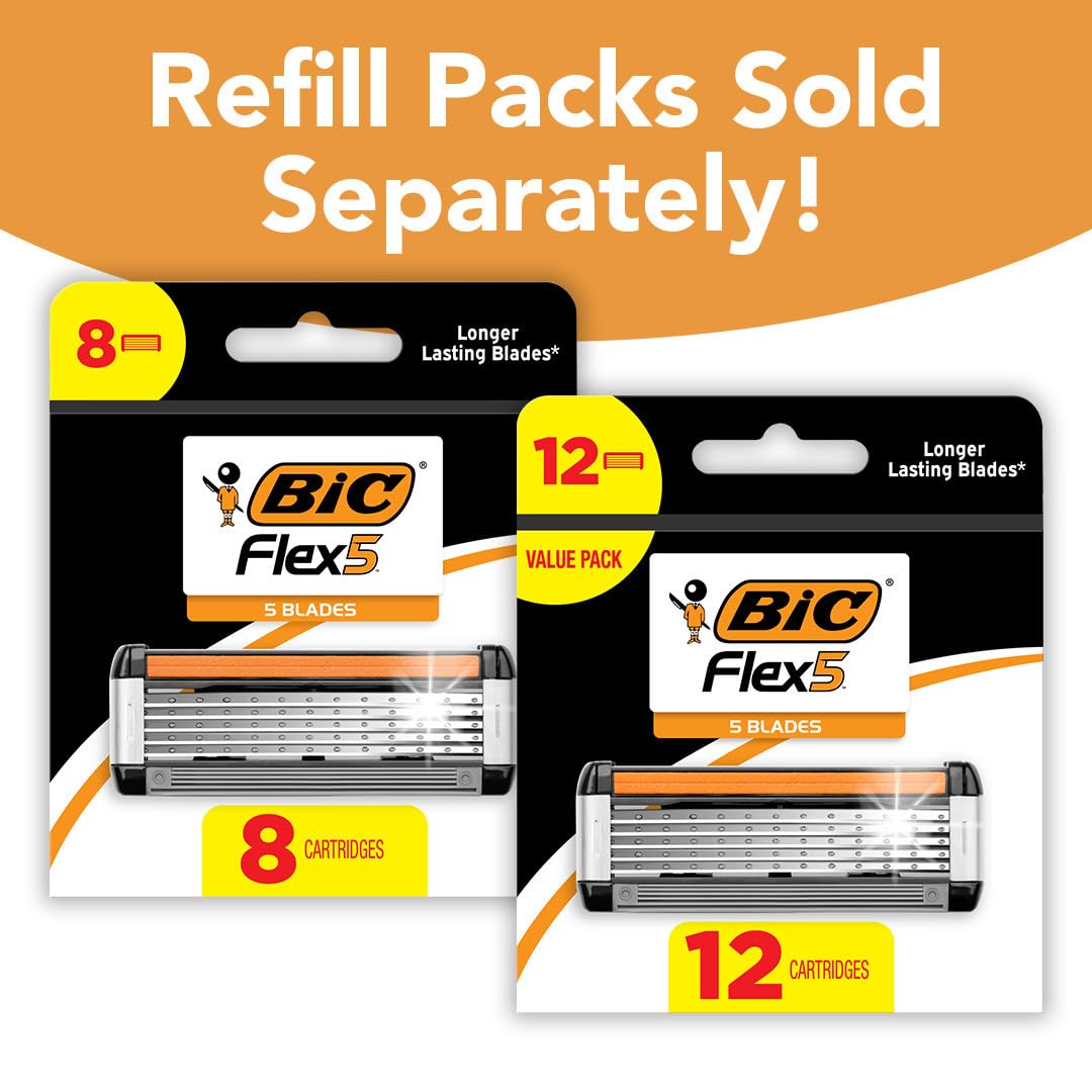 BIC Flex 5 Refillable Refill Razor Cartridges for Men, Long-Lasting 5-Blade Razors for a Smooth and Comfortable Shave, 8 Refill Cartridges