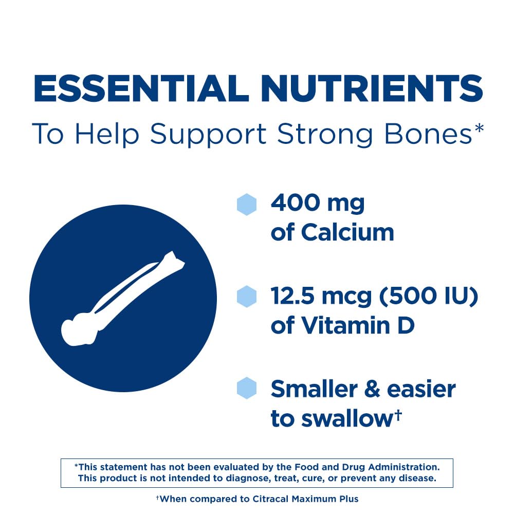 Citracal Petites, 400 mg Calcium Citrate, Easily Absorbed and Highly Soluble with 12.5 mcg (500 IU) Vitamin D3, Bone Health Support for Ages 12+, Smaller and Easier to Swallow Caplets, 375 Count