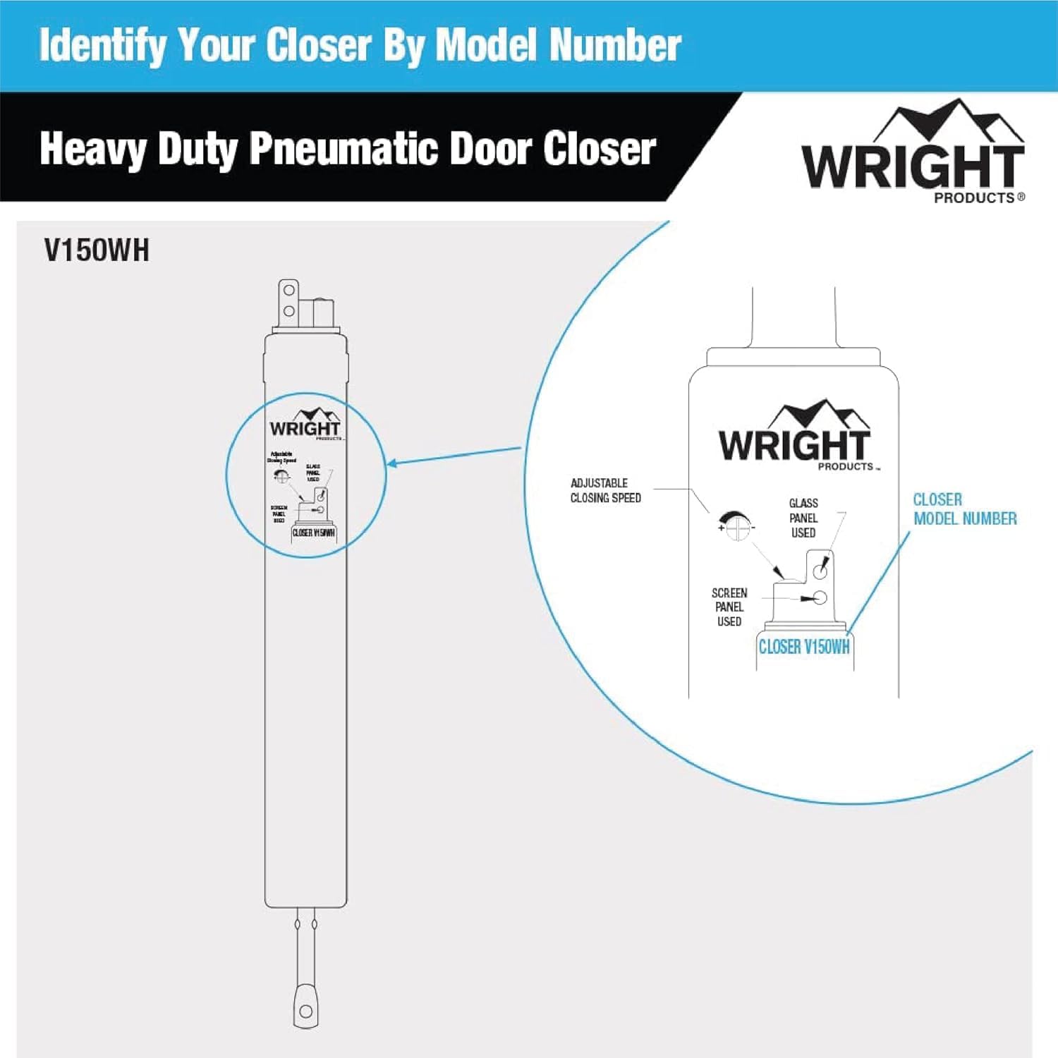 Wright Products Heavy-Duty Pneumatic Storm Door Closer – Durable, Adjustable, Quiet-Closing with Hold-Open Feature (Transitional, White)