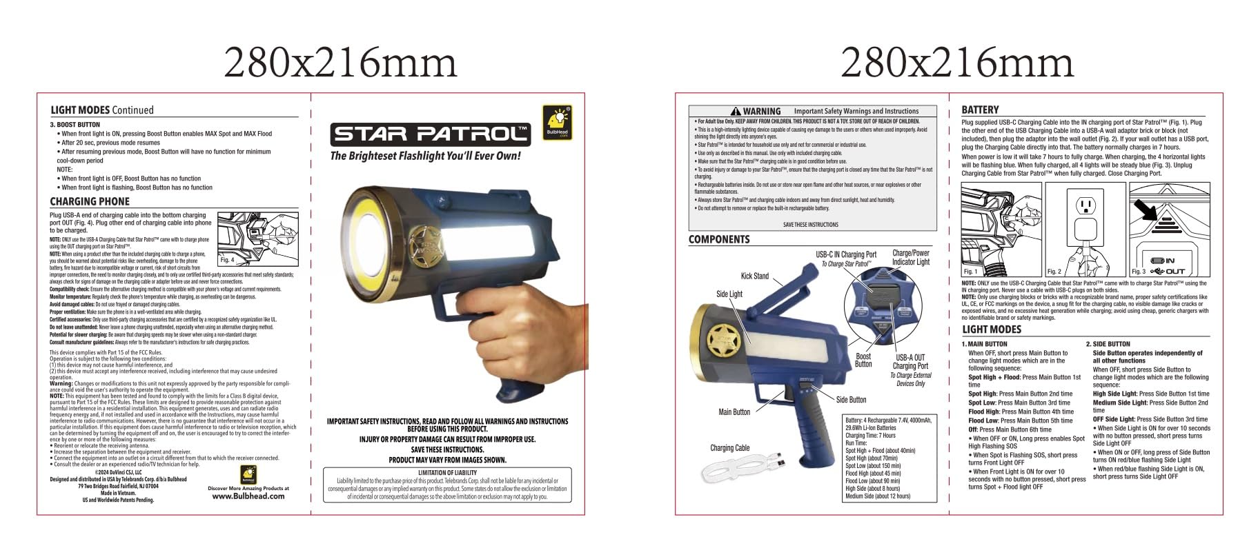 Star Patrol Mega-Bright Rechargeable Spotlight, AS-SEEN-ON-TV, Tactical & Emergency Flashlight, 10 Modes, Turbo Boost Up to 100%, Built-in Kickstand & Phone Charger, for Camping, Emergencies, Walking