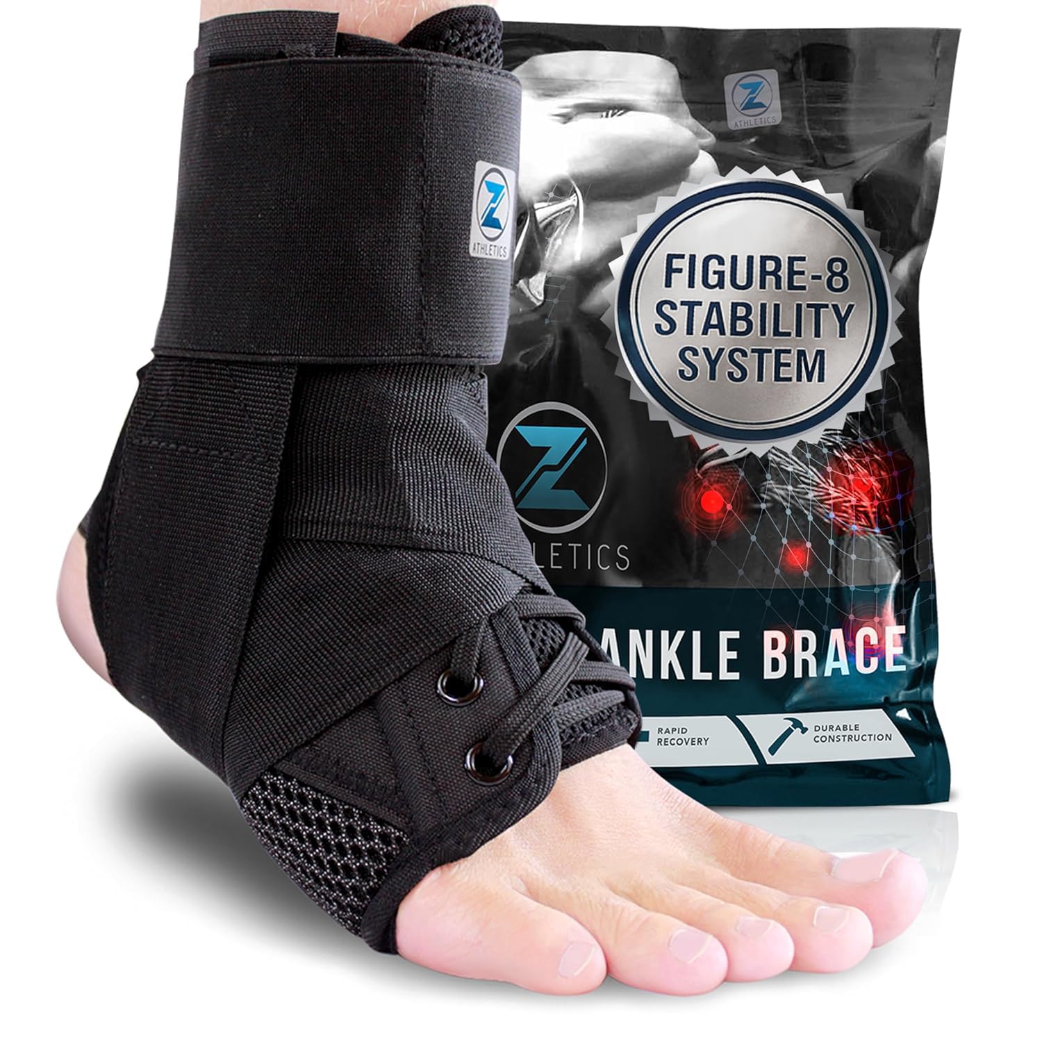 Z ATHLETICS Knöchelbandage für Damen und Herren – Schnürbare, verstellbare Stütze mit Seitenstabilisatoren bei verstauchtem Knöchel, Achillessehnenentzündung | Basketball, Volleyball, Laufen & Sport-Rehabilitation