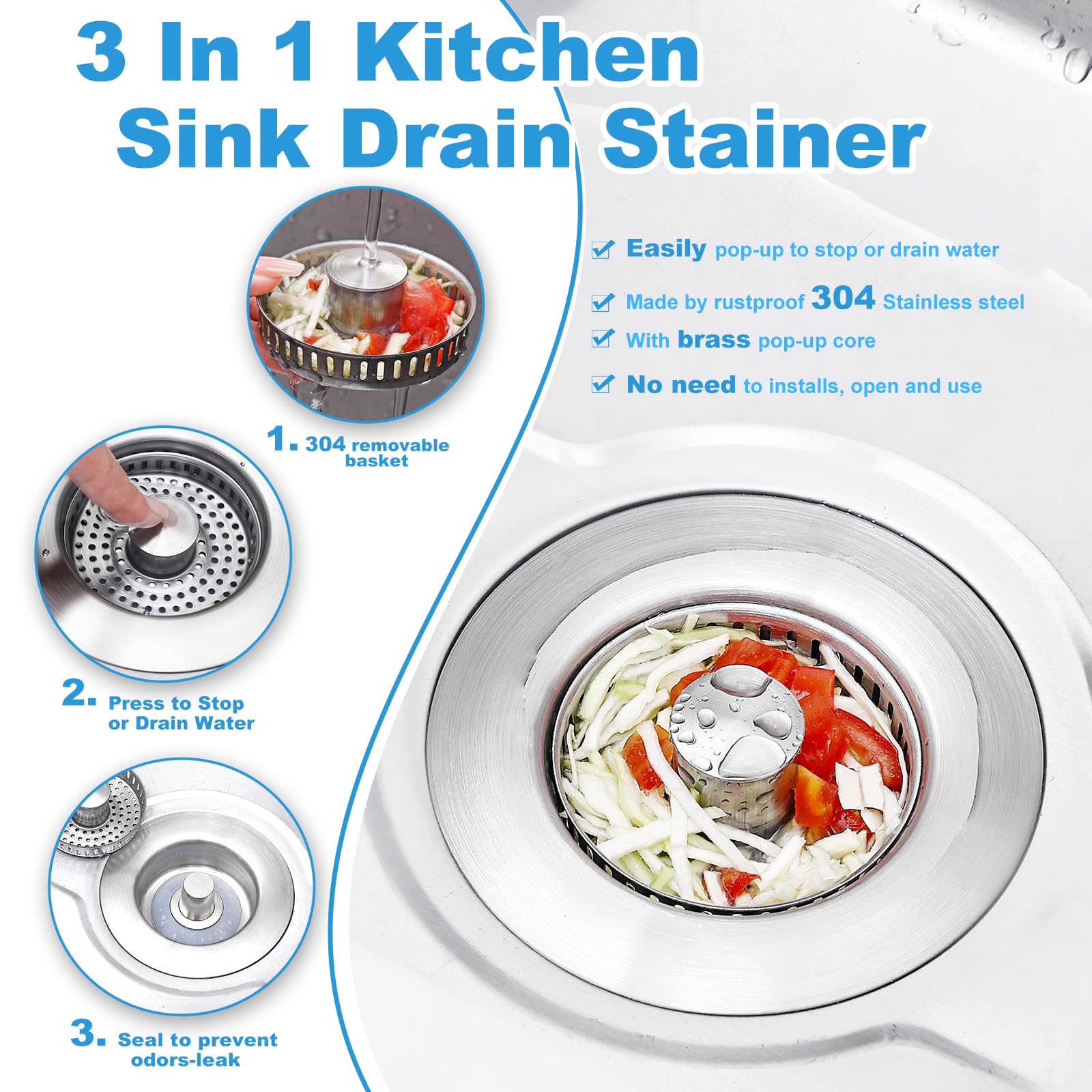 3-in-1 Kitchen Sink Drain Strainer & Stopper with Basket, Stainless Steel Drain Plug Cover Catcher for Food Waste - Sink Accessories for Home or Kitchen Sink Shroom Fit US Standard 3-1/2'' Drain Hole