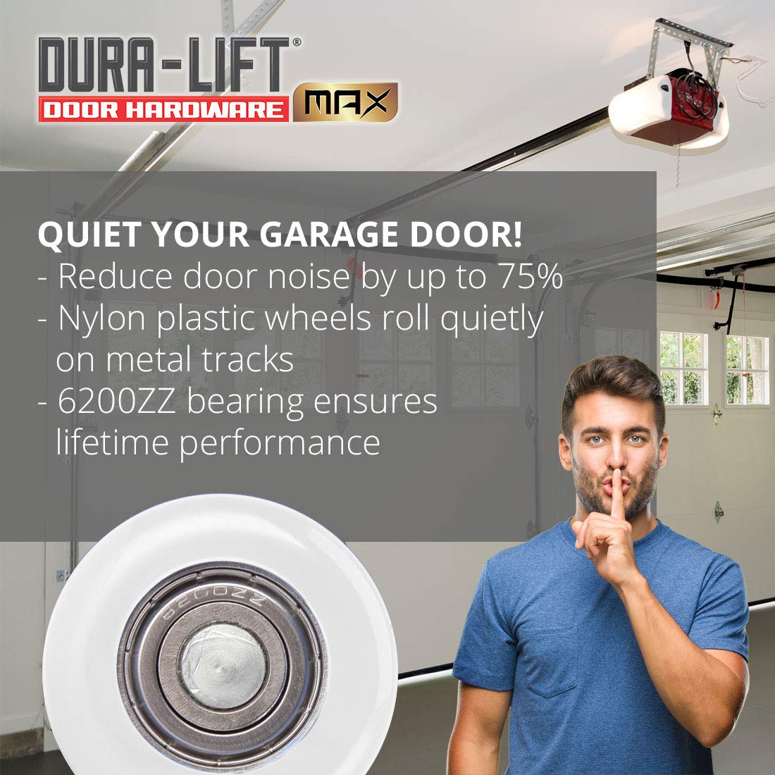 DURA-LIFT Ultra-Life MAX 2" Sealed 6200ZZ Bearing Nylon Garage Door Roller, 4" Stem, Pack of 10