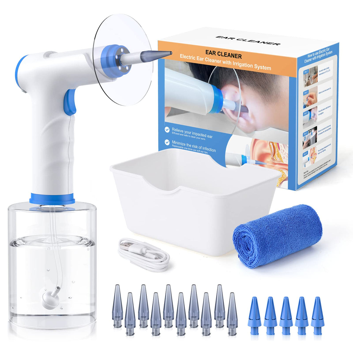 Ear Wax Removal, Electric Ear Cleaning Kit with Light, FSA-HSA-Eligible, Ear Irrigation Kit with 4 Pressure Modes, Safe and Effective Ear Flush Kit with Ear Cleaner - Includes Basin, Towel & 15 Tips