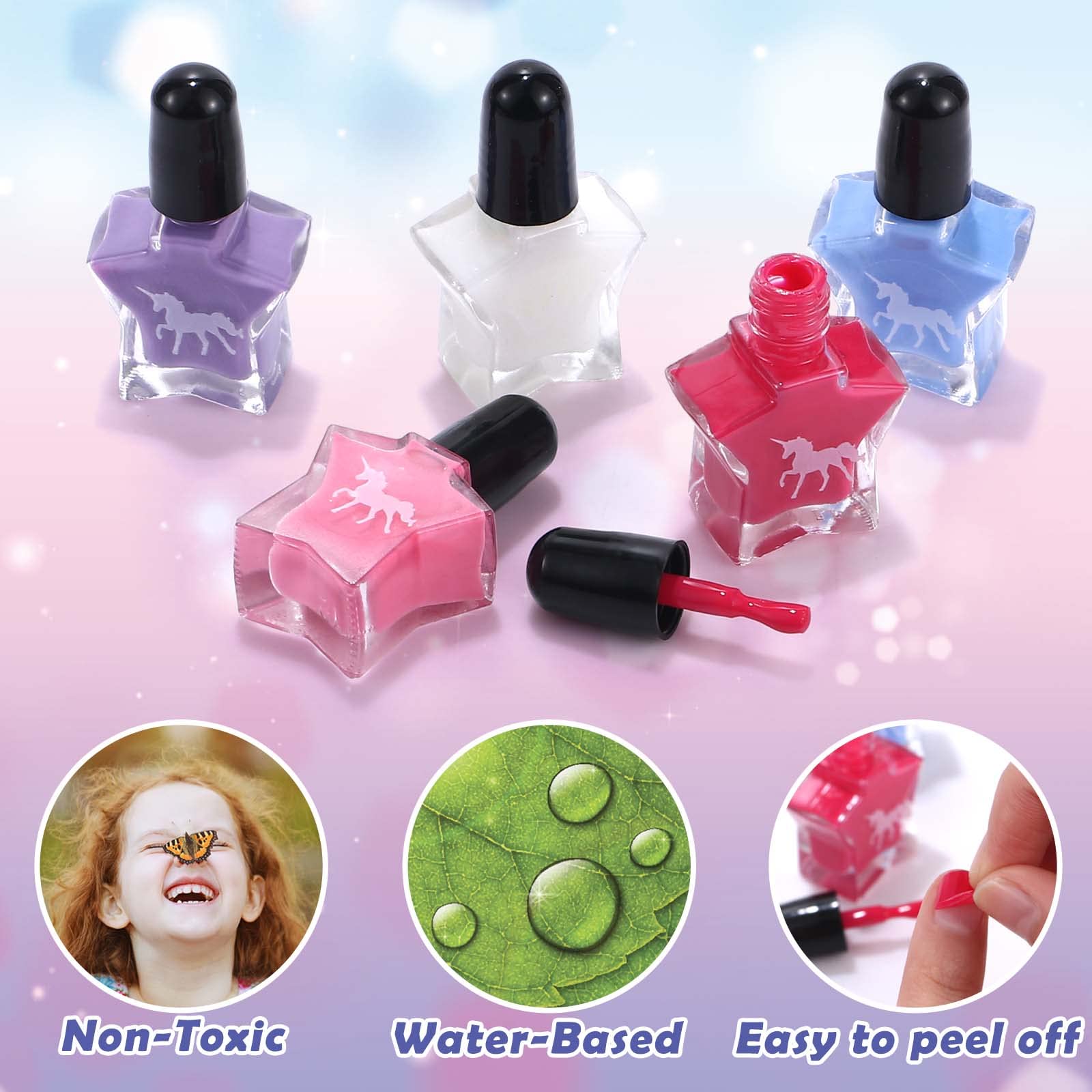 Golray Kids Nail Polish Set for Girls, All-in-One Nail Art Kit - Dryer/ Glitter Powder/ False Nails/ Nail Decals/ Toe Separator/File, Age 3-12 Little Girl Gift Toys