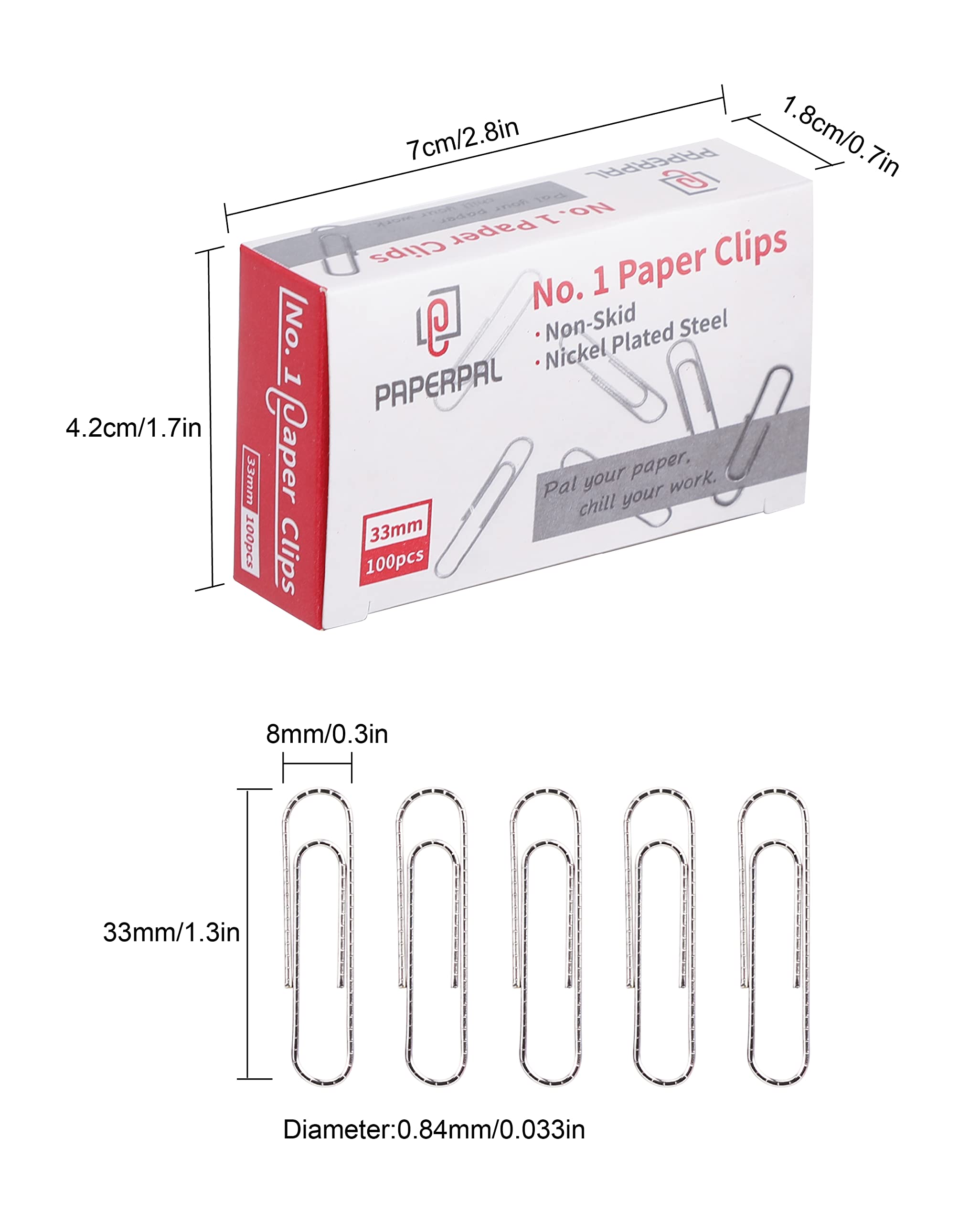 PAPERPAL Paperclips for Office School & Personal Use, #1 Nonskid Paper Clip (1-2/7"), 600 Medium Paper Clips (6 Boxes of 100 Each), Silver