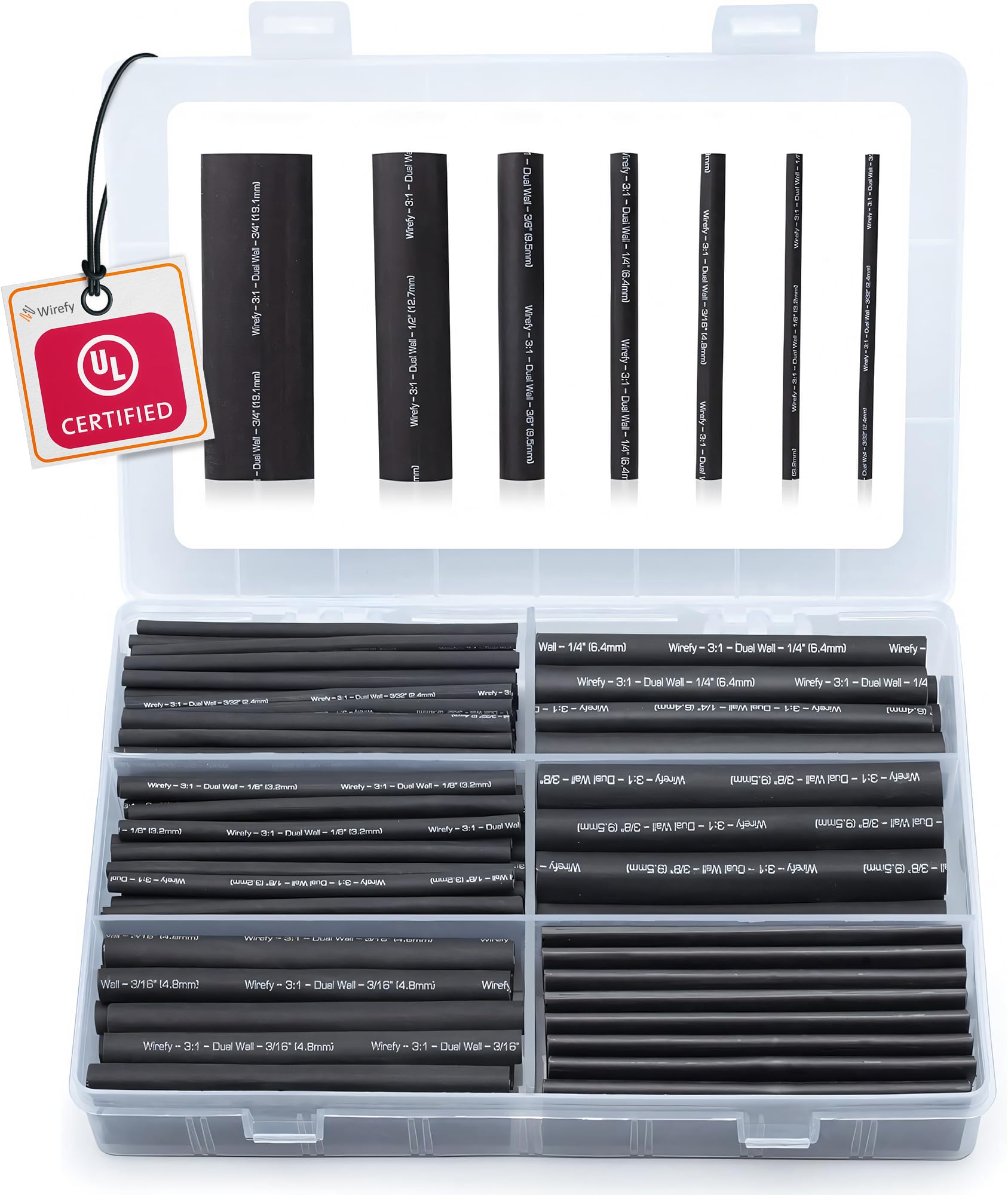Wirefy Heat Shrink Tubing Kit 180 PCS - 3:1 Ratio Adhesive Lined, Wire Shrink Wrap Tubing - Industrial Heat-Shrink Tubing - Black - Shrink Wrap Tubing | Trusted UL Certification