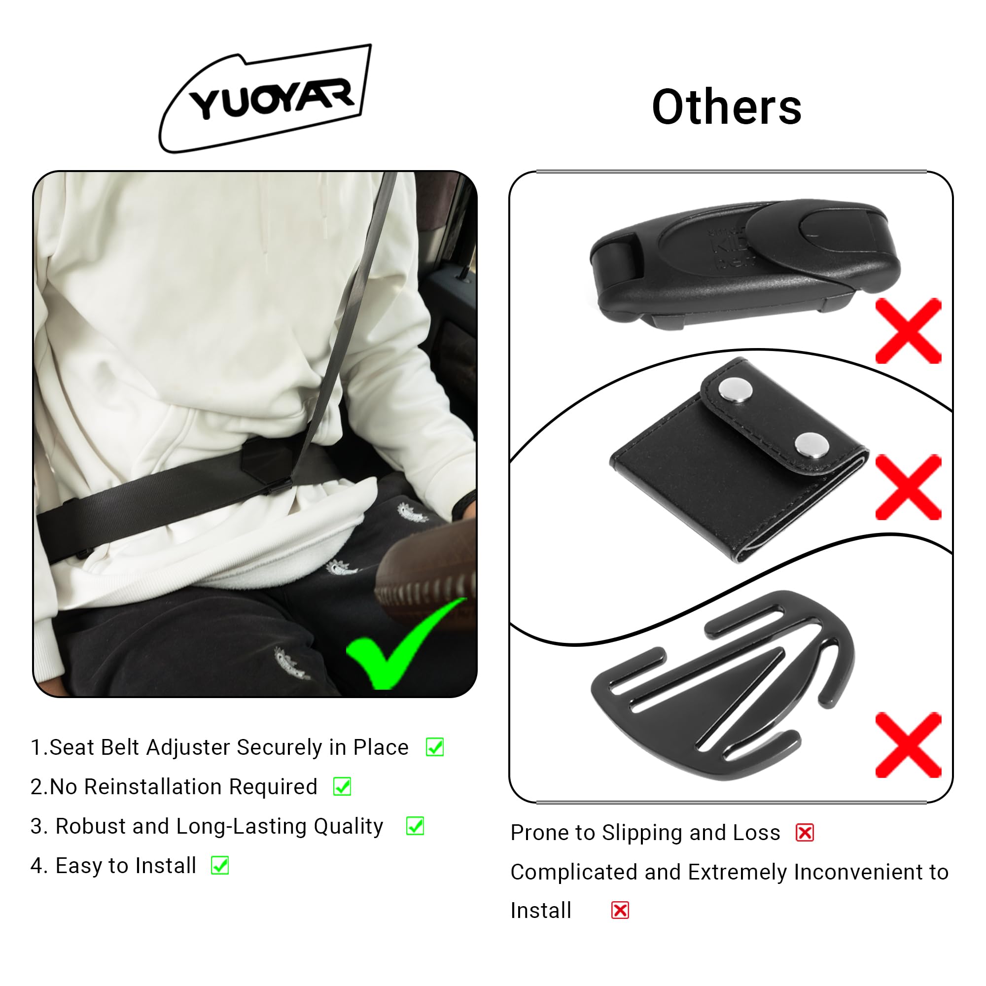 Yuoyar 2 Packs Car Seat Belt Clips - Universal Leather Seatbelt Adjuster Clips - Seat Belt Adjuster for Adults Kids