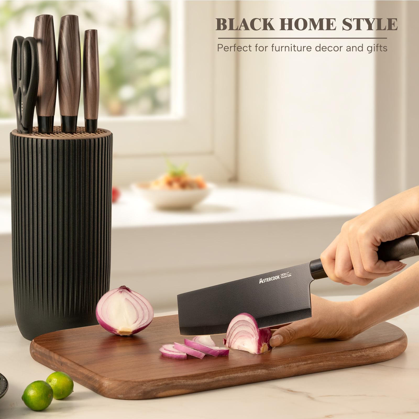 Astercook 6 Piece Black Kitchen Knife Set, Non-stick Stainless Steel Knife Block Set, Anti-Rust Dishwasher Safe Knife Set with Block