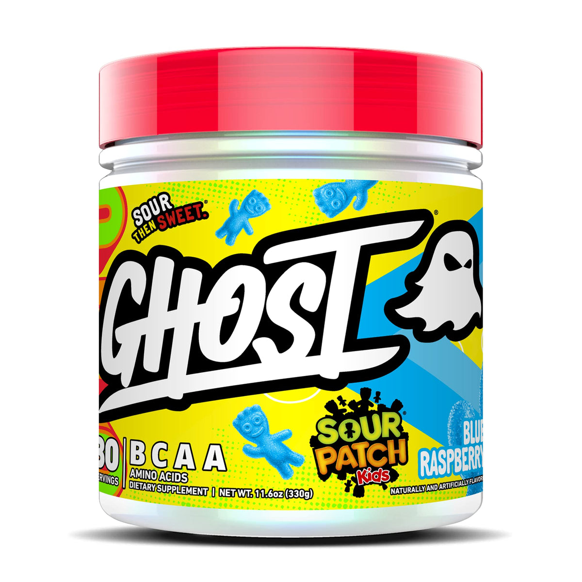 GHOST BCAA بودرة مكمل أحماض أمينية، ساوير باتش كيدز توت أزرق - 30 حصة - بودرة أمينية خالية من السكر للتمارين أثناءها وبعدها وقبلها ومشروب استشفاء، 7 جم BCAA