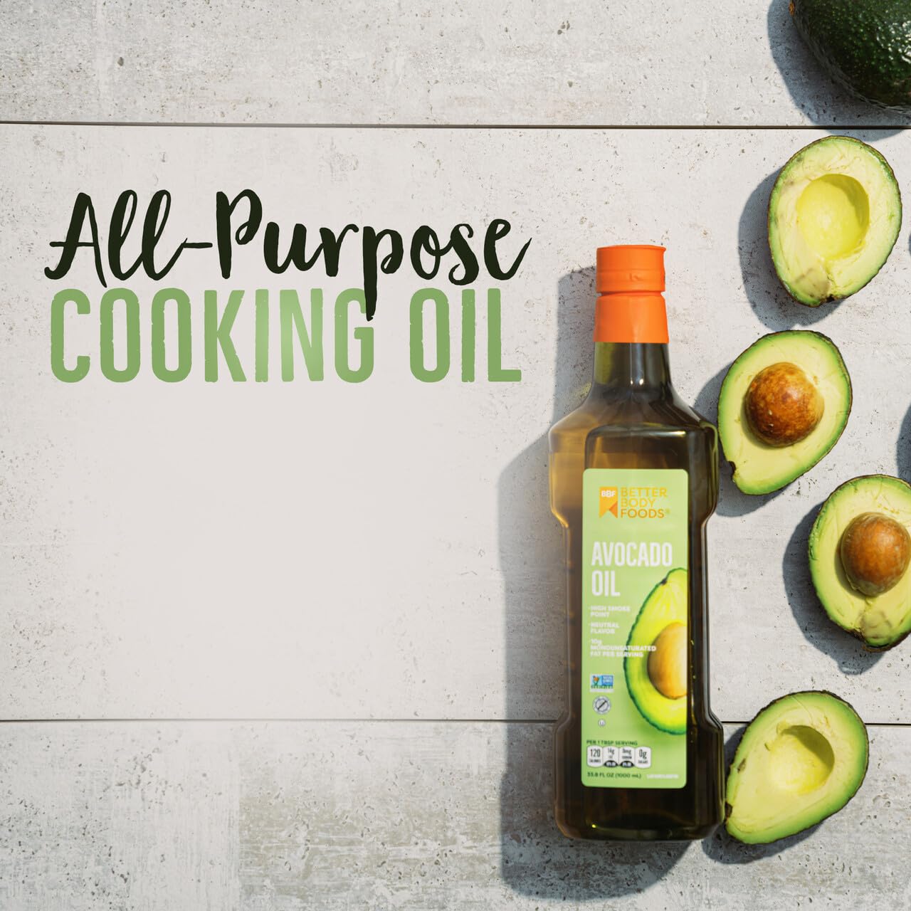 BetterBody Foods Refined Non-GMO Cooking Oil, Kosher, Keto and Paleo Diet Friendly, Avocado Oil, 1 Liter, 33.8 Fl Oz