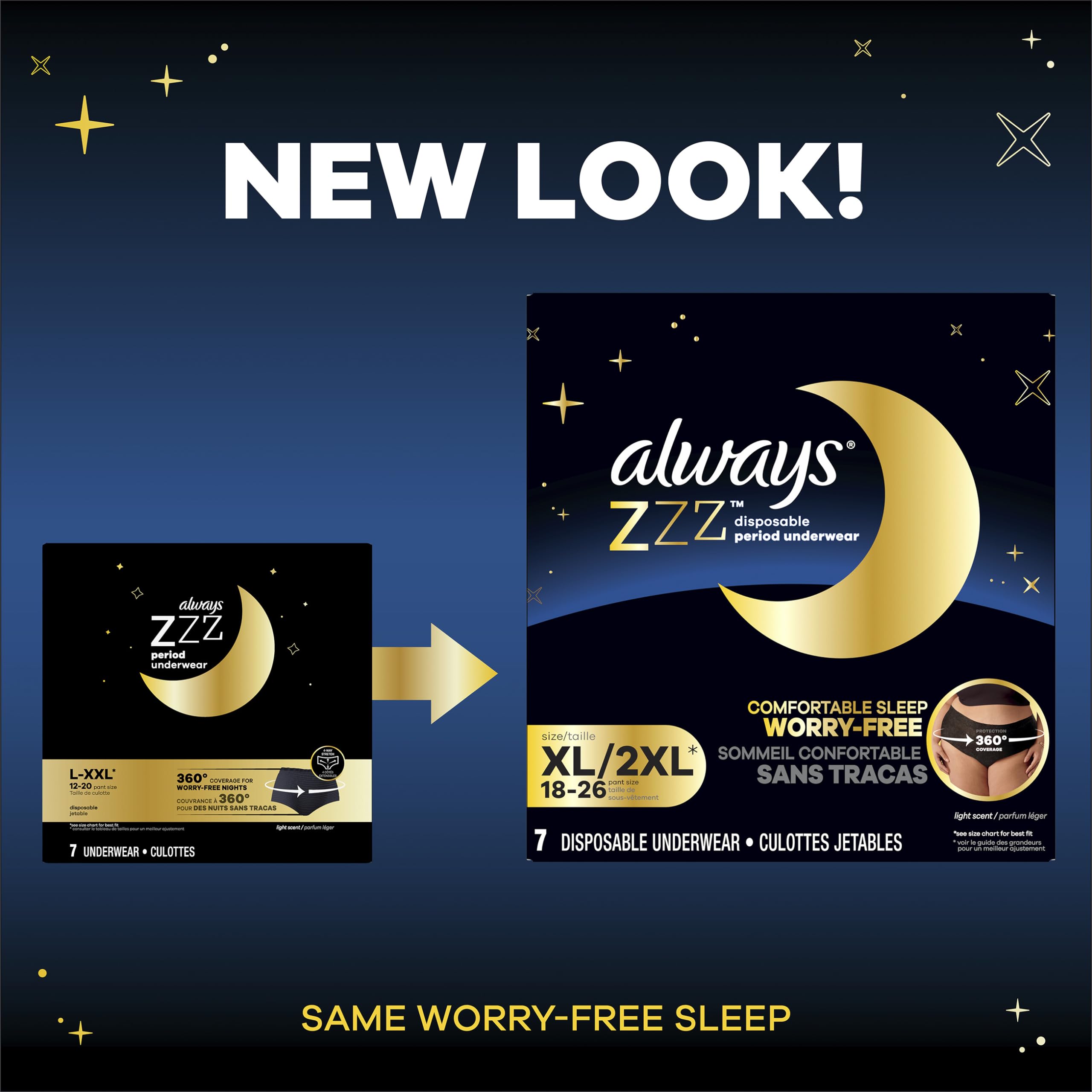 Always ZZZ Overnight Disposable Period Underwear for Women Extra Large, 360° Coverage for Worry-Free Nights, 14 Count (2 Packs of 7)