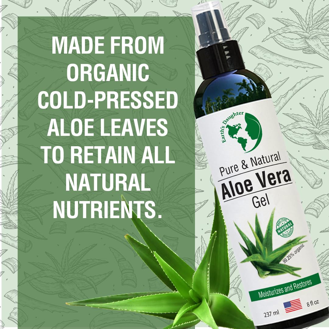 Earth's Daughter Organic Aloe Vera Gel from 100% Pure and Natural Cold Pressed Aloe - Great for Face - Hair - Acne - Sunburn - Bug Bites - Rashes - Eczema - 8 Oz.