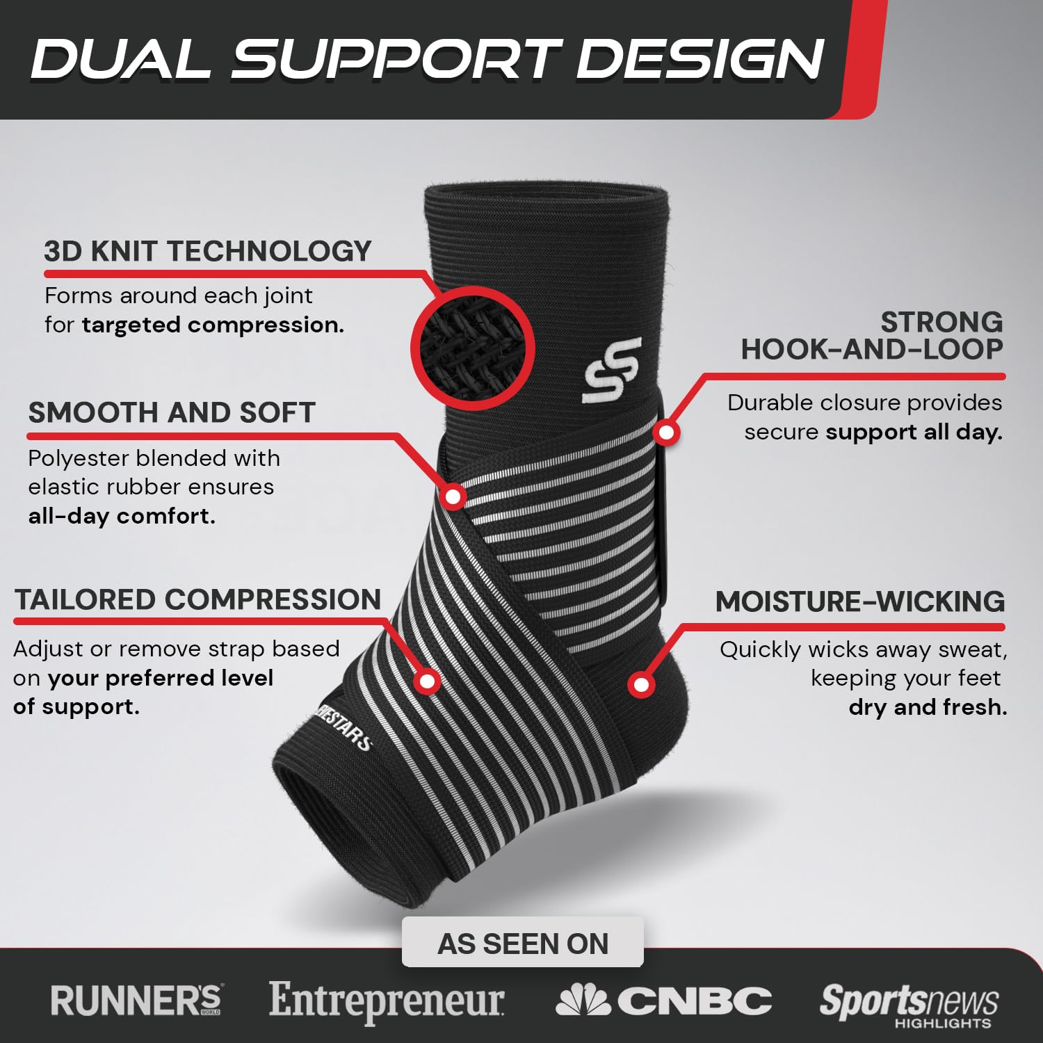 Sleeve Stars Ankle Brace for Women & Men, Ankle Wrap for Sprain, Compression Sleeve for Plantar Fasciitis Relief, Easy Customizable Support: w/ Removable Strap (Single/M:10"-12"/Black)