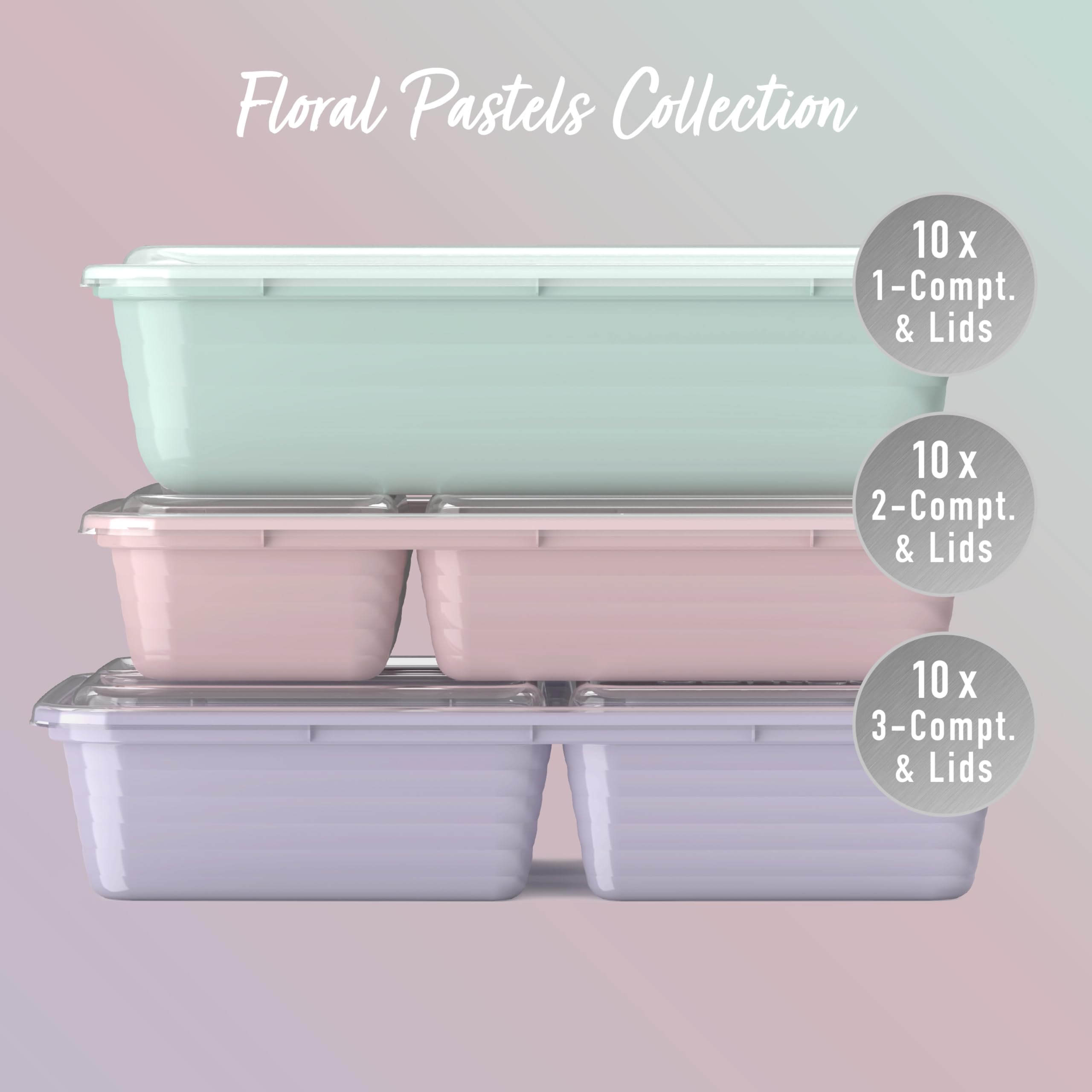 Bentgo Prep 60-Piece Meal Prep Kit - Reusable PFAS & BPA-Free Food Containers, 1-Compartment, 2-Compartment, & 3-Compartments - Microwave, Freezer, & Dishwasher Safe (Floral Pastels)
