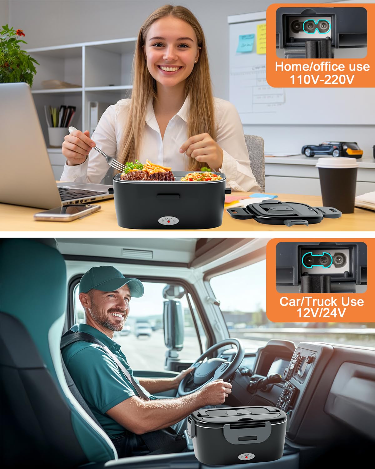 Geveniss Electric Lunch Box for Men, Women & Adults - 80W Fast Heating - Heated Lunch Box with Dual 1.5L SS Containers - Portable Food Warmer for Car, Truck, Office