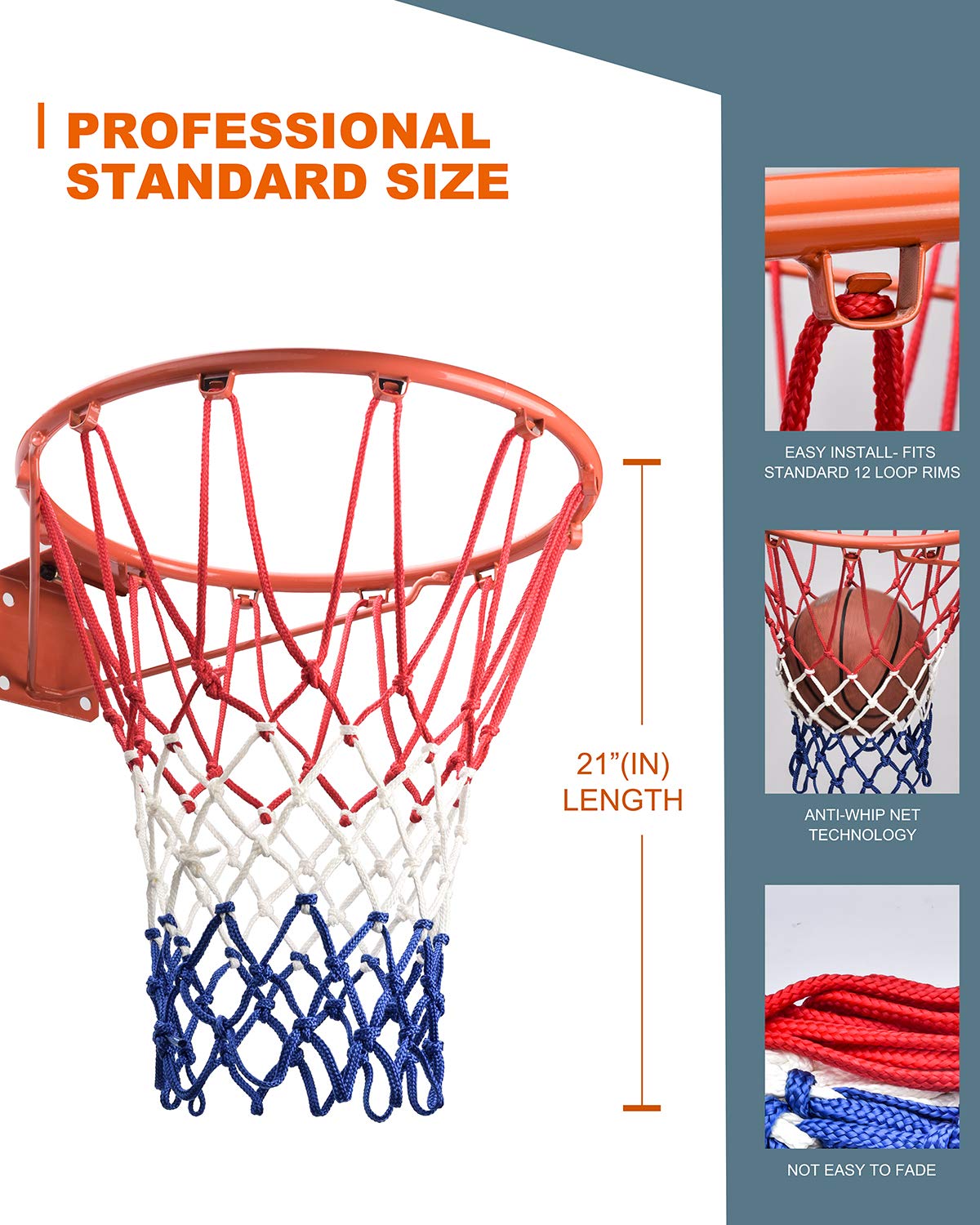 XXXYYY Basketball Net Replacement Heavy Duty, 2023 Professional On-Court Quality [6.88Ounce], Fits Outdoor Indoor Standard Rim, All Weather Anti Whip -12 Loops (Red White Blue)