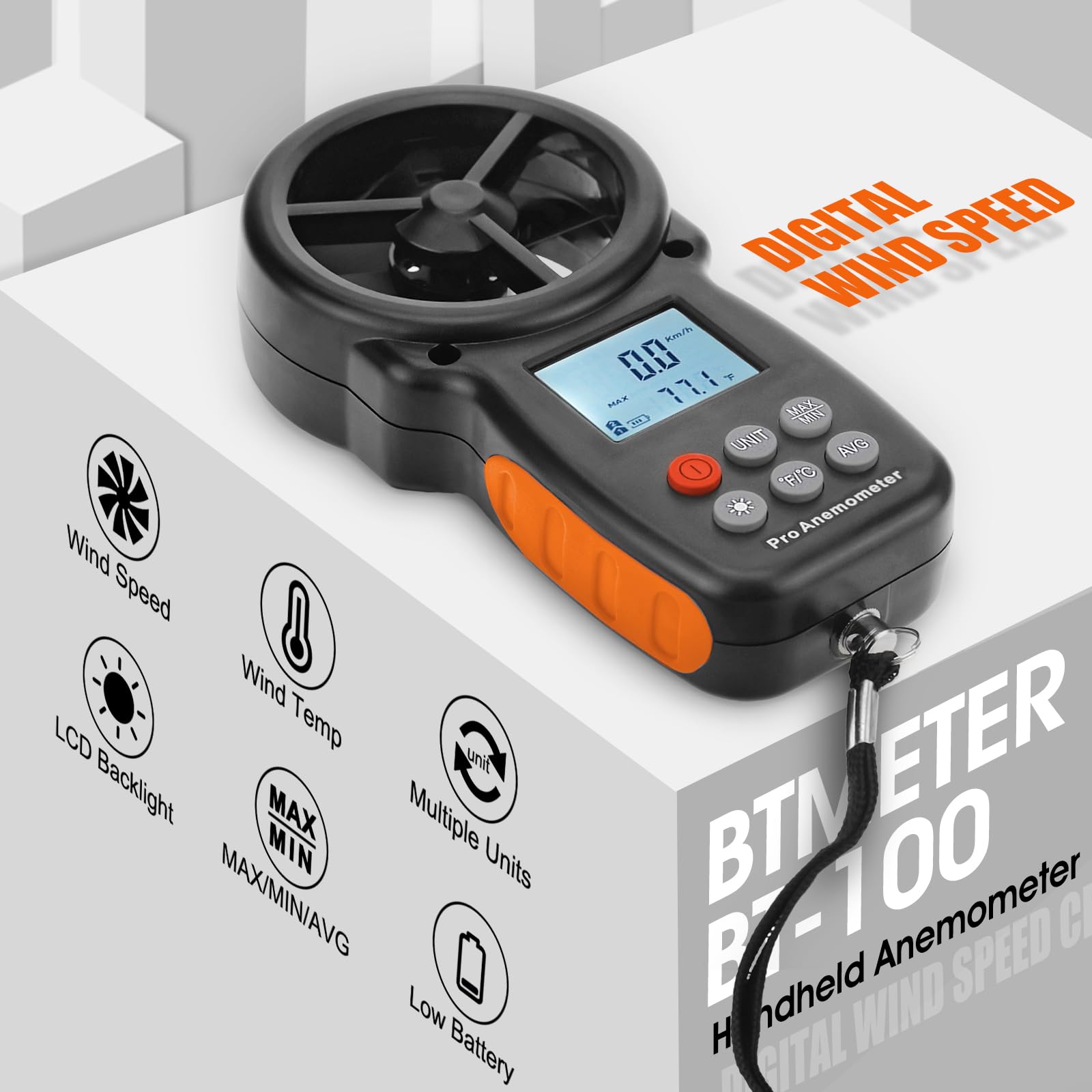 BTMETER BT-100 Handheld Anemometer, Digital Wind Speed CFM Meter Gauge Air Flow Velocity Tester for HVAC Shooting Drone, Wind Chill, 14℉-113℉ Wind Temperature
