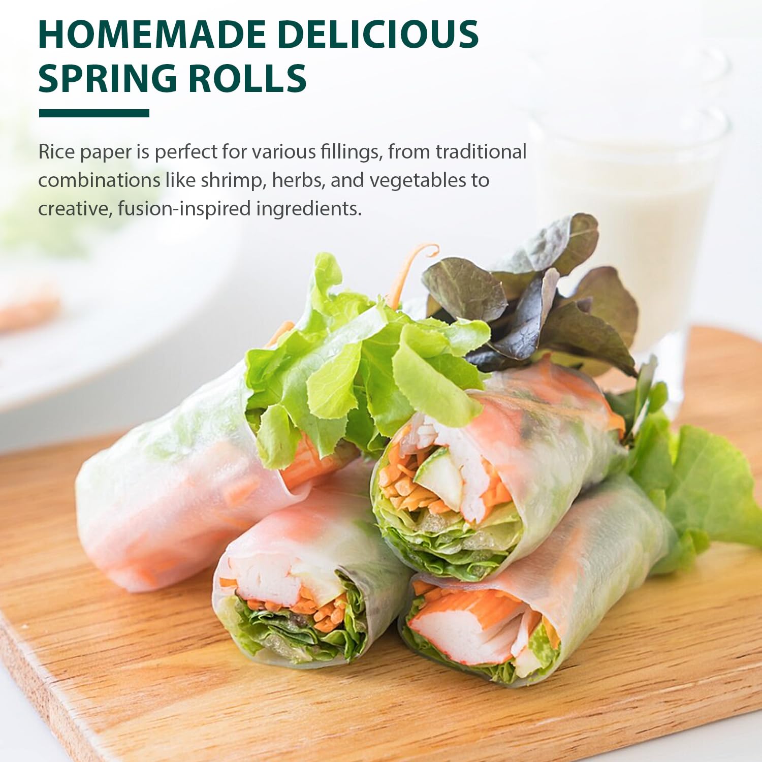 Soeos Rice Paper, White Rice Paper Wrappers, 1 Pack, 34 Sheets-Fresh Spring Roll Wrappers & Dumplings, Non-GMO, Gluten-Free, Low Carb, Vietnamese Rice Wraps (Round, 22cm)