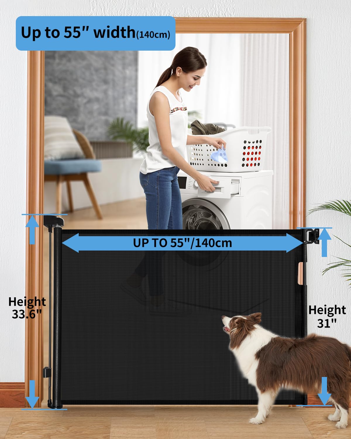 Veraste Retractable Baby Gate for Doorways and Stairs, Mesh Safety Gate for Pet, Indoor & Outdoor Use, One-Hand Operation, Easy Installation, 33.6" Tall, Expands to 55" Wide（Black,33.6"x55")