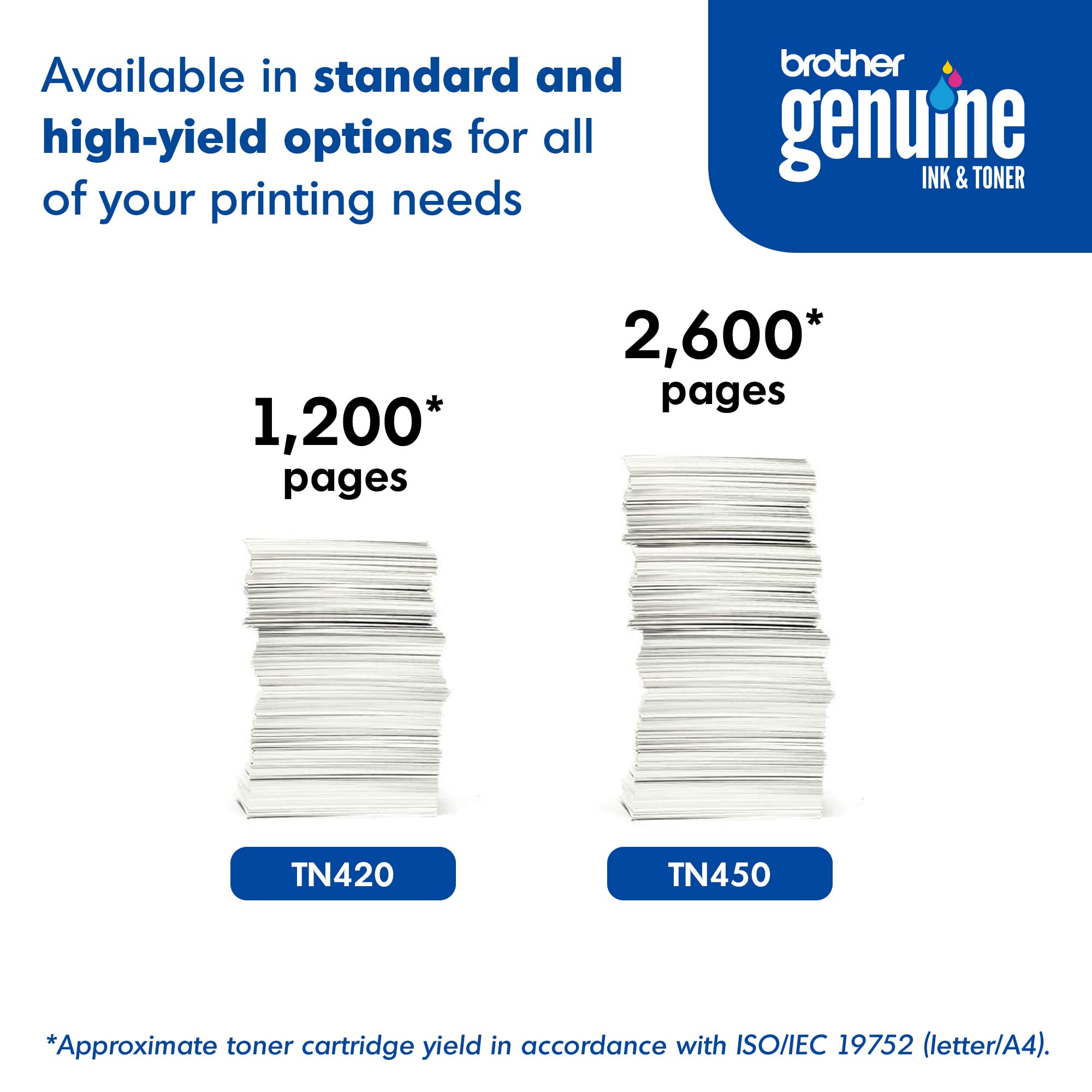 Brother Genuine High Yield Toner Cartridge, TN450, Replacement Black Toner, Page Yield Up To 2,600 Pages