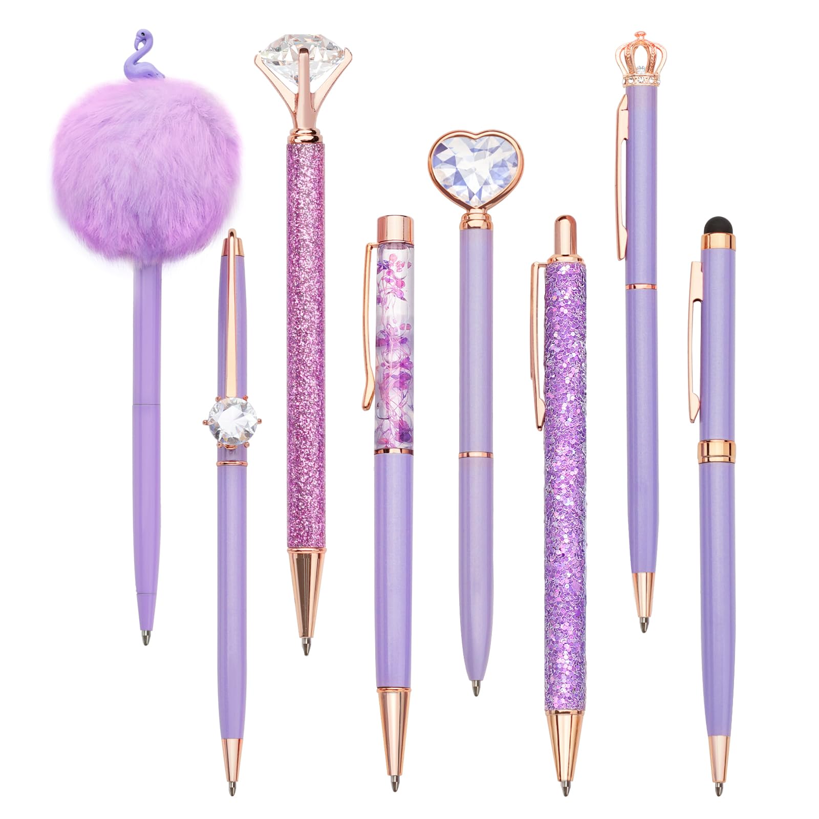 WEMATE 8Pcs Purple Pens, Metal Crystal Diamond Pen with Black & Blue Ink, Pens for Journaling, Office Supplies Fancy Pens for Women, Back to School Supplies for Girls Birthday (Purple)