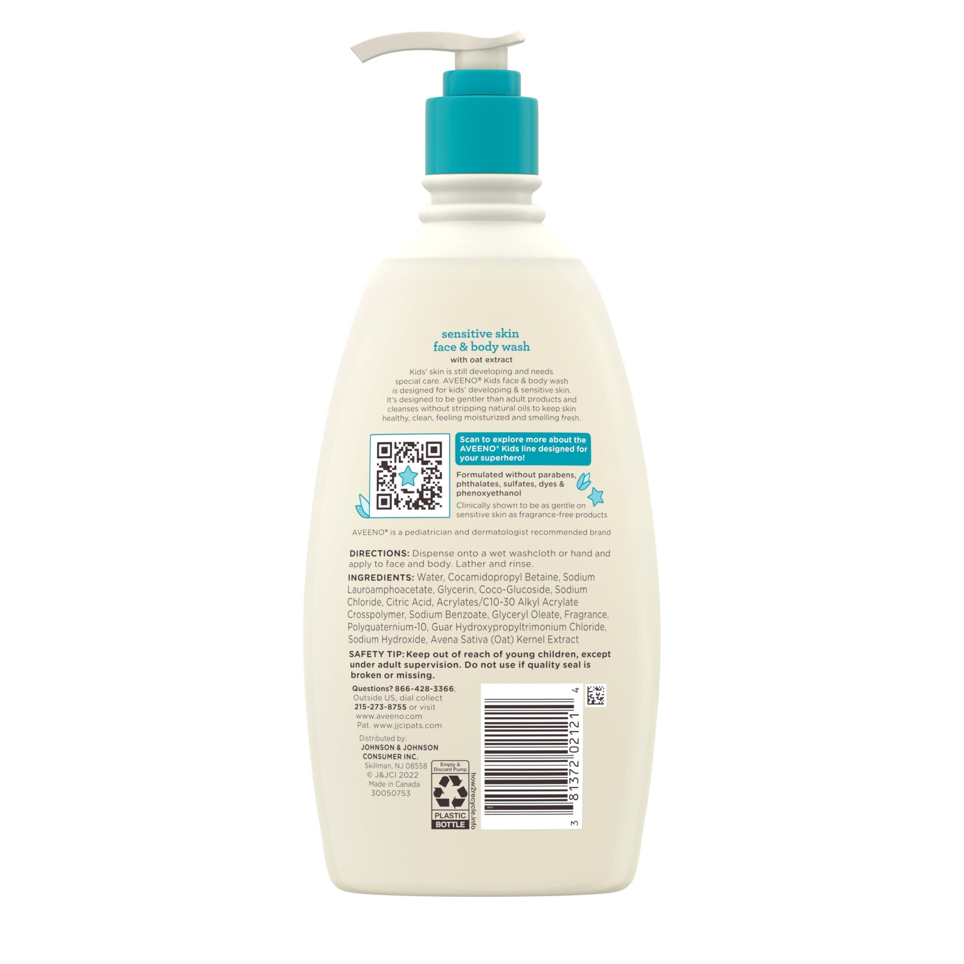 Aveeno Kids Face & Body Wash for Sensitive Skin, Oat Extract, Tear-Free, Non-Drying, Light Scent, Pump Dispenser, Hypoallergenic, Phthalate, Sulfate & Dye Free, 18 fl oz