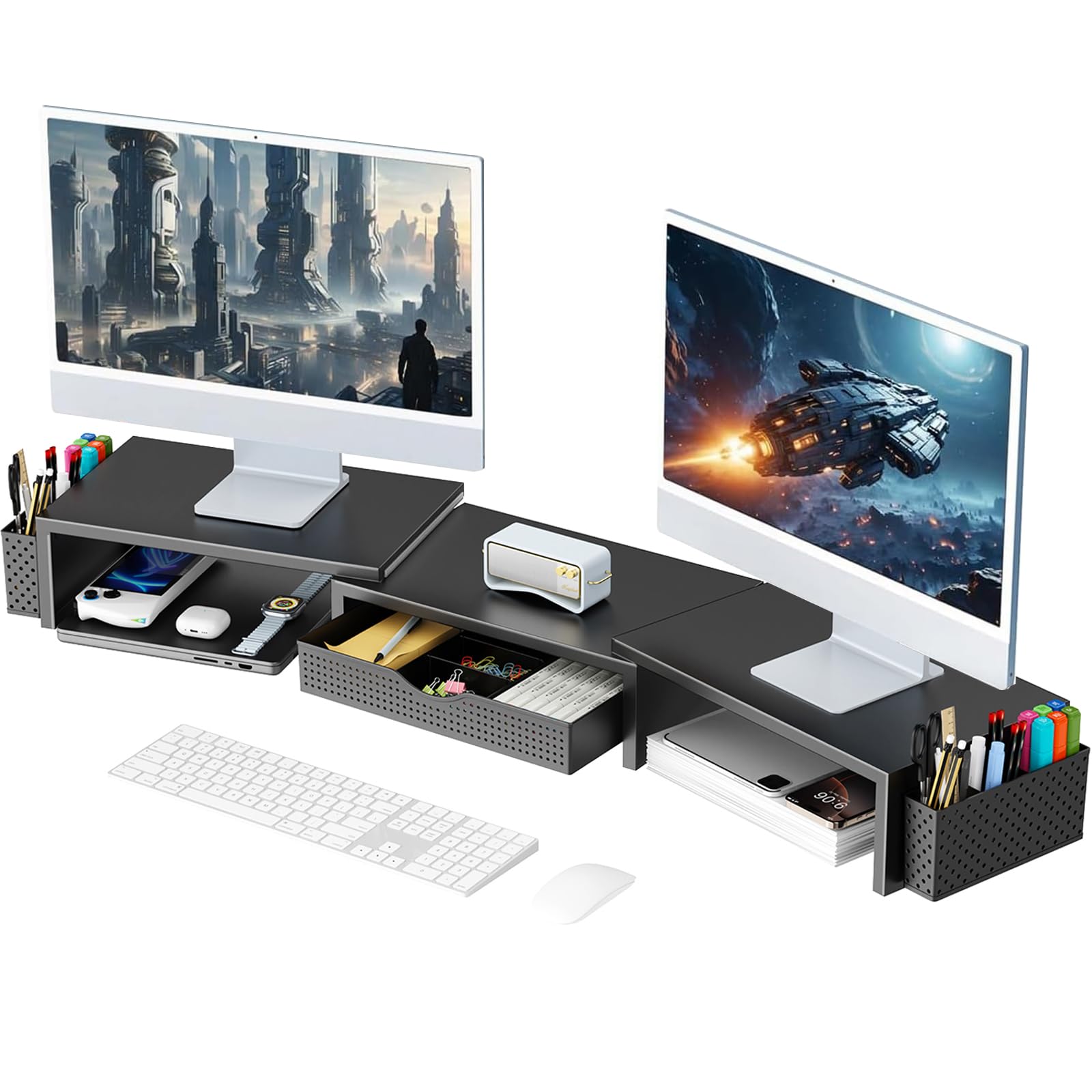 gianotter Dual Monitor Stand Riser, Desk Organizer With Drawer and 2 Pen Holders, Computer Monitor Stand, Desk Shelf for Top of Desk, Balck