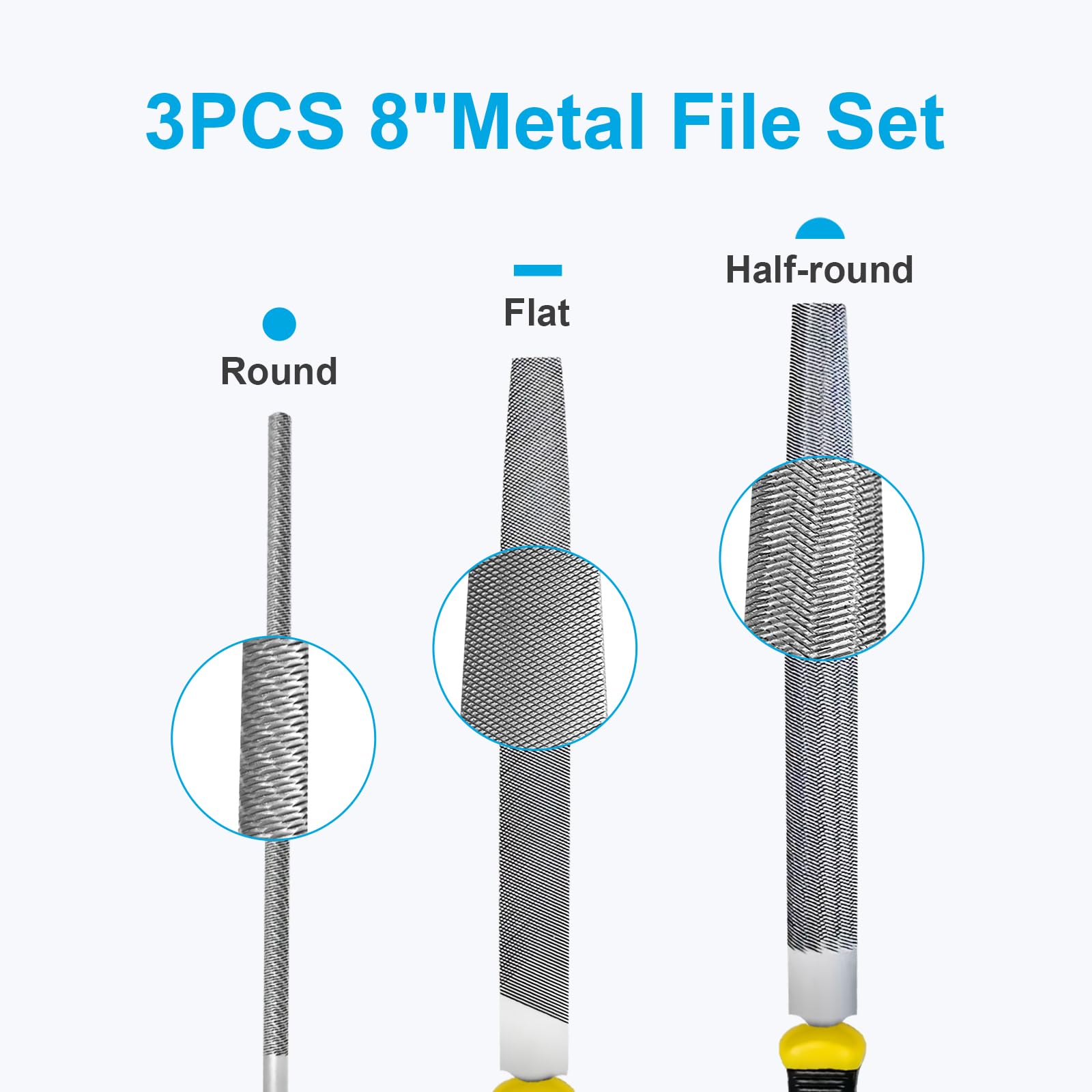 pwkauka 3Pcs Metal File Set, 8-Inch Professional High Carbon Steel Metal File, Includes Flat, Round, Half-Round Metal Files, Durable Hand Files Work for Metal Wood Smoothing Shaping Deburring