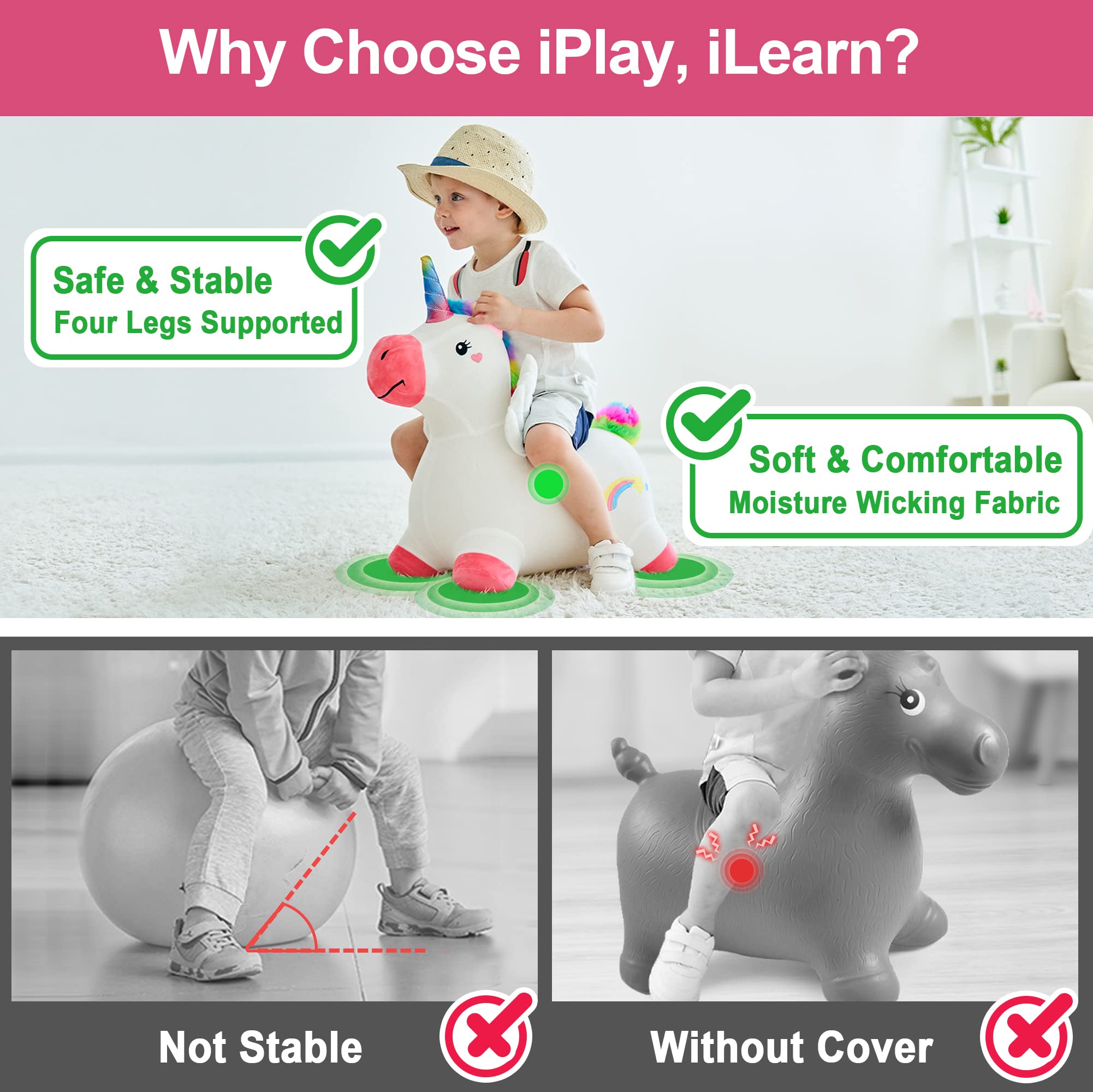iPlay, iLearn Bouncy Pals Hopping Unicorn Horse, Toddler Girl Inflatable Bouncing Animal Hopper Toy, Outdoor Indoor Plush Ride on Bouncer, Baby Birthday Gift 18 Month 2 3 4 Year Old Kid - Unicorn